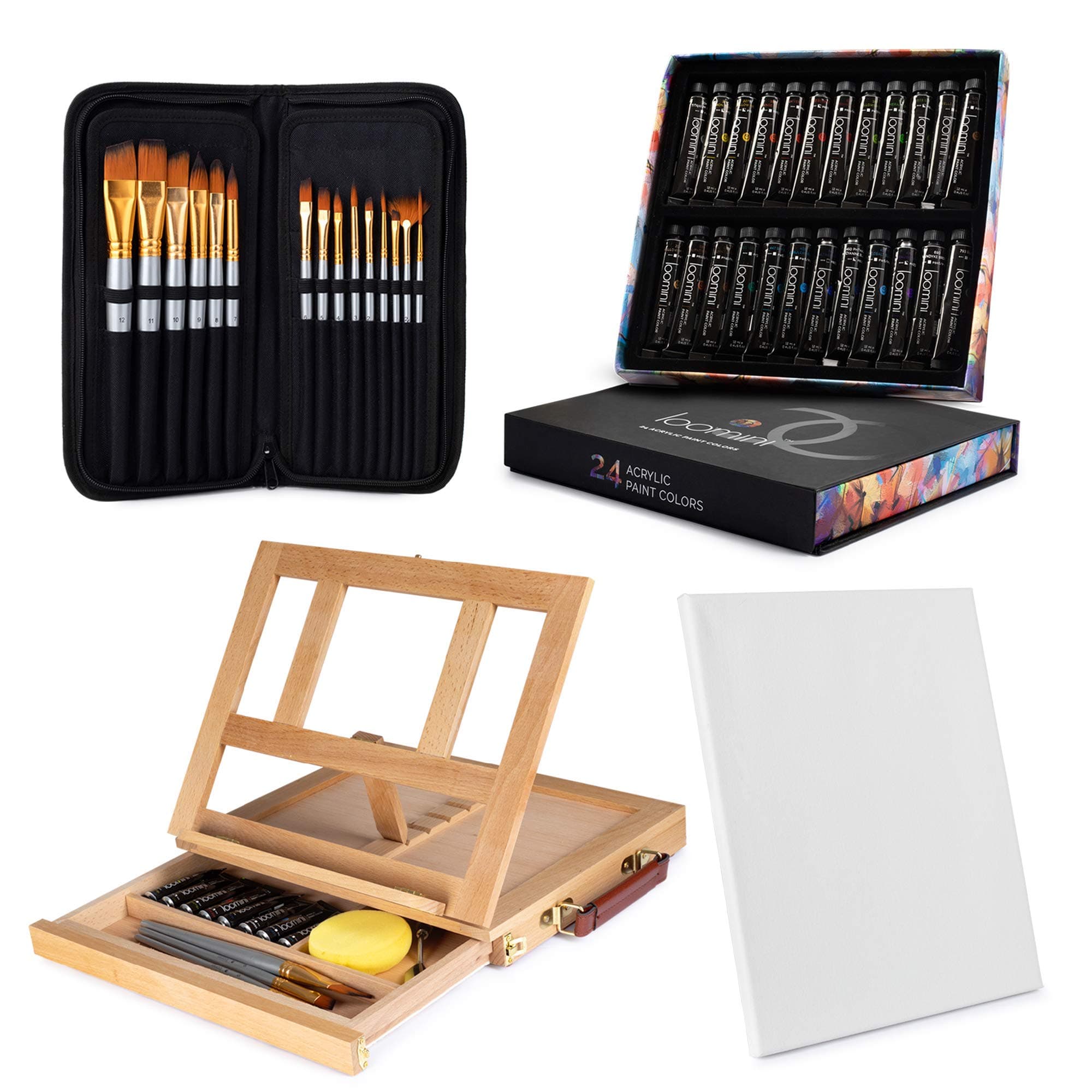 Acrylic Paint Set for Adults & Kids Includes Tabletop Easel Canvas and Brushes 24 Acrylic Paint Colors 15 Brushes 1 Easel 1 Canvas | Painting Kit for Adults