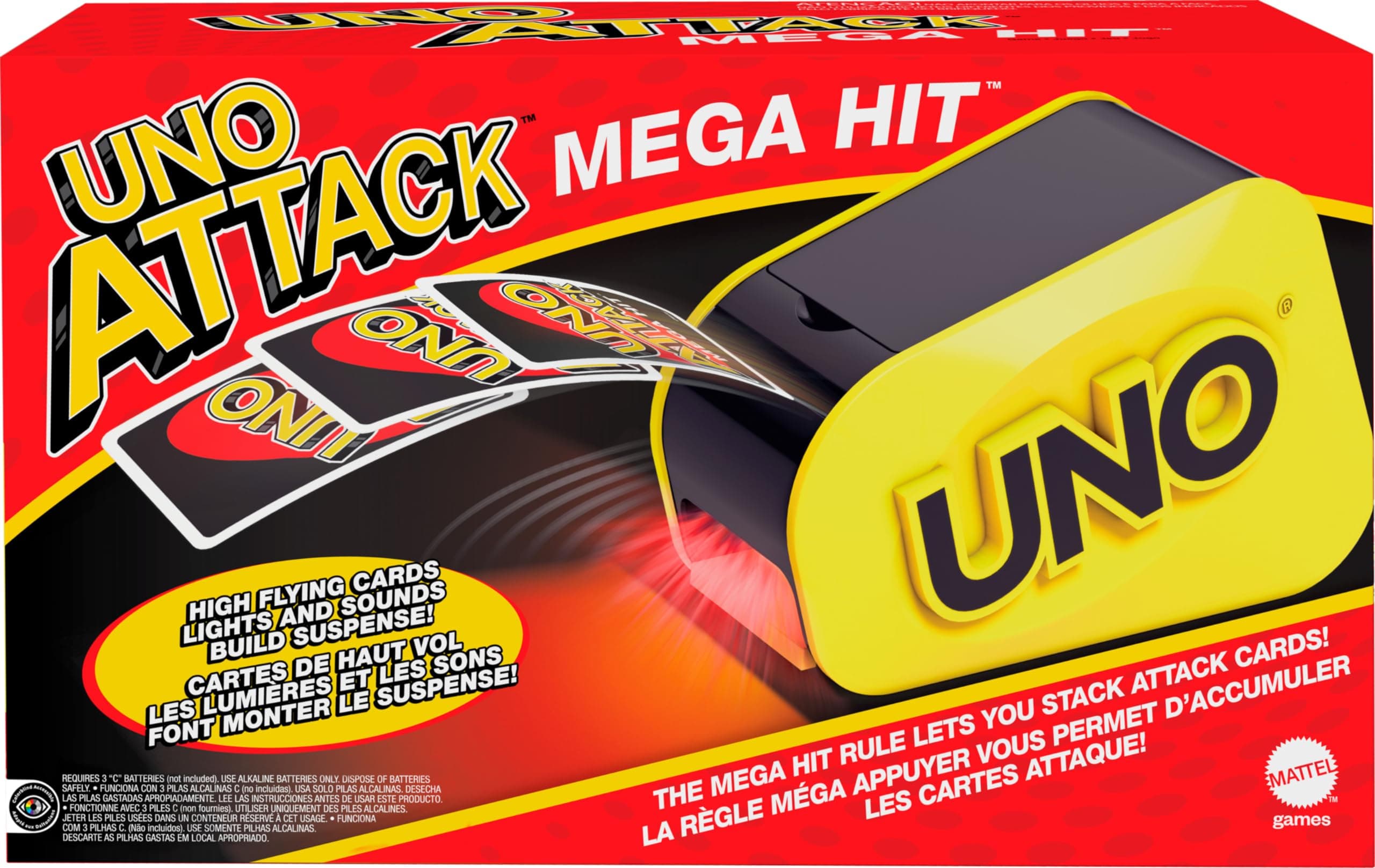 Mattel Games Uno Attack Mega Hit Card Game with Random-Action Launcher with Lights & Sounds & 112 Cards, Kid, Teen & Adult Game Night Gift Ages 7 Years & Older