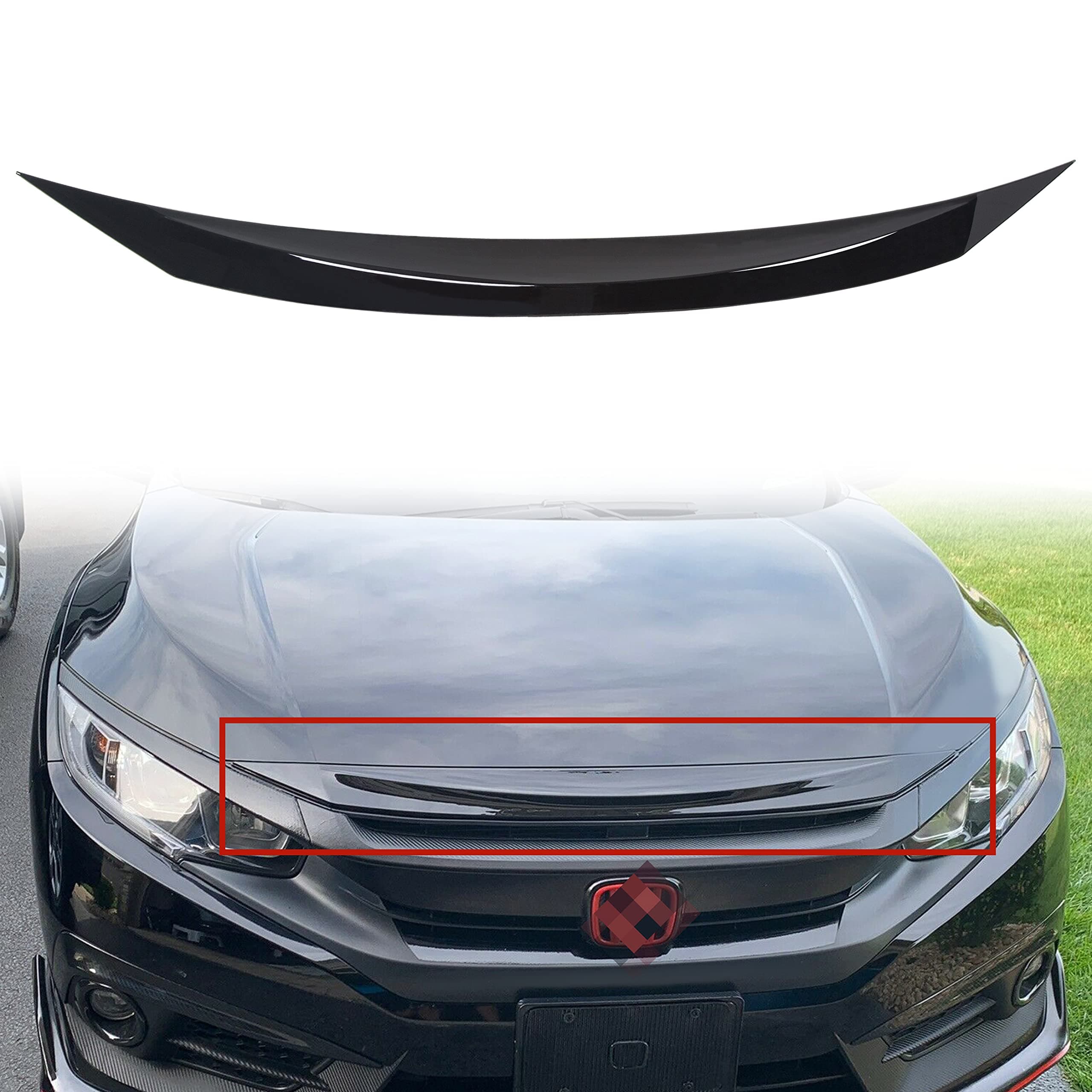 Front Hood Bumper Upper Trim Nose Cover Compatible with 2016-2021 Honda Civic 10th Gen Si Hatchback Coupe Sedan Glossy Black Front Hood Bonnet Cover Trim Protector