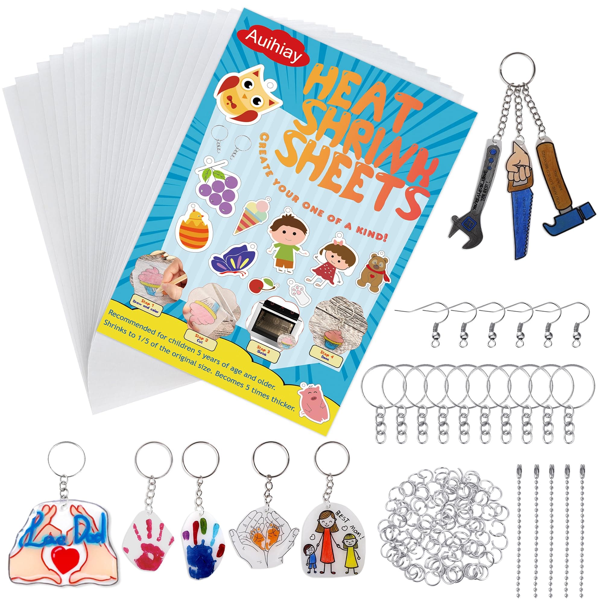 Auihiay 145 Pieces Shrink Plastic Sheet Kit Include 20 PCS Shrinky Paper with 125 PCS Keychains Accessories for Kids Creative Craft, Easter Mother Day Ornament