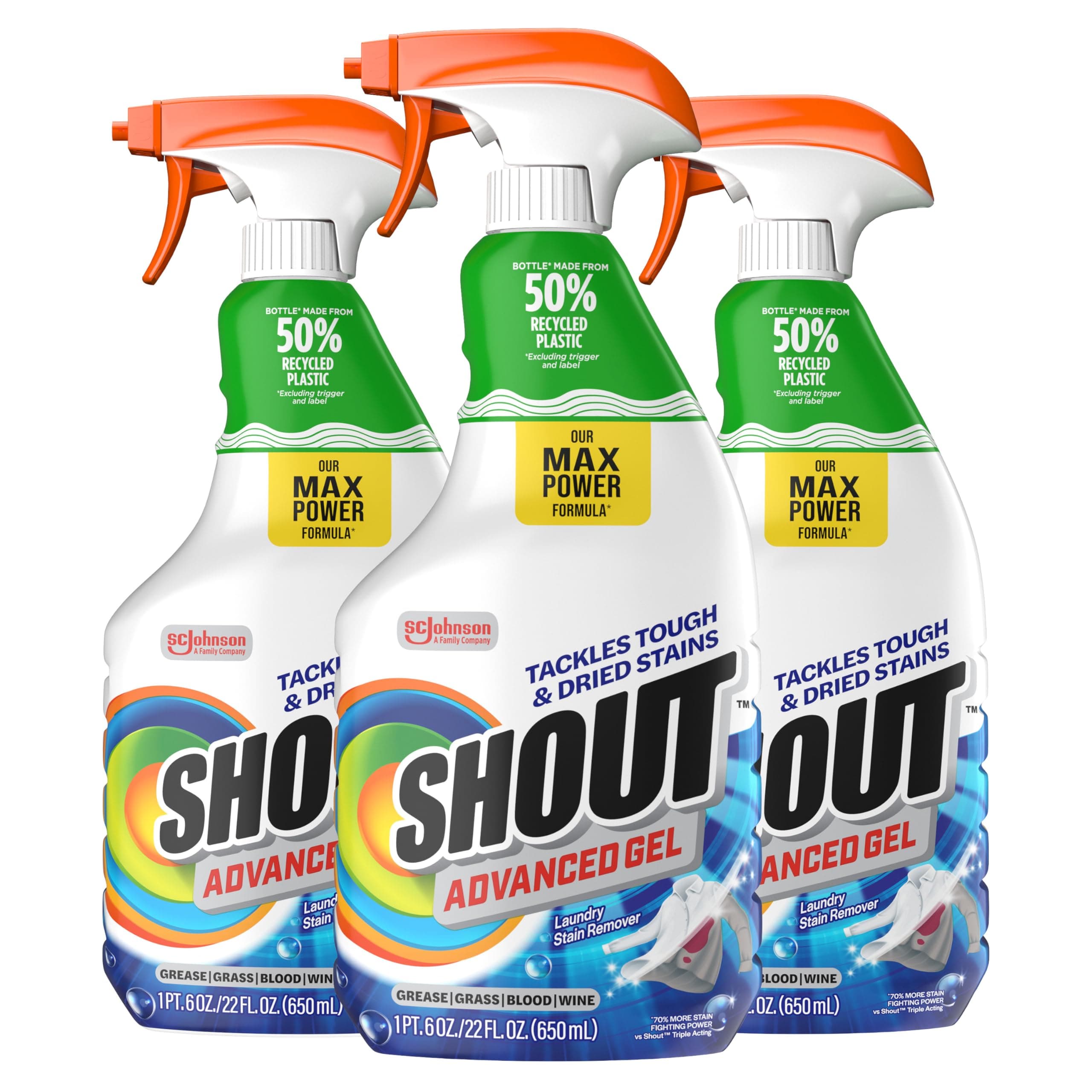 Shout Advanced Laundry Stain Remover Gel for Clothes Laundry, Breaks Down Stubborn, Dried-in, and Tough Stains, 22oz Spray, Pack of 3 (Packaging May Vary)