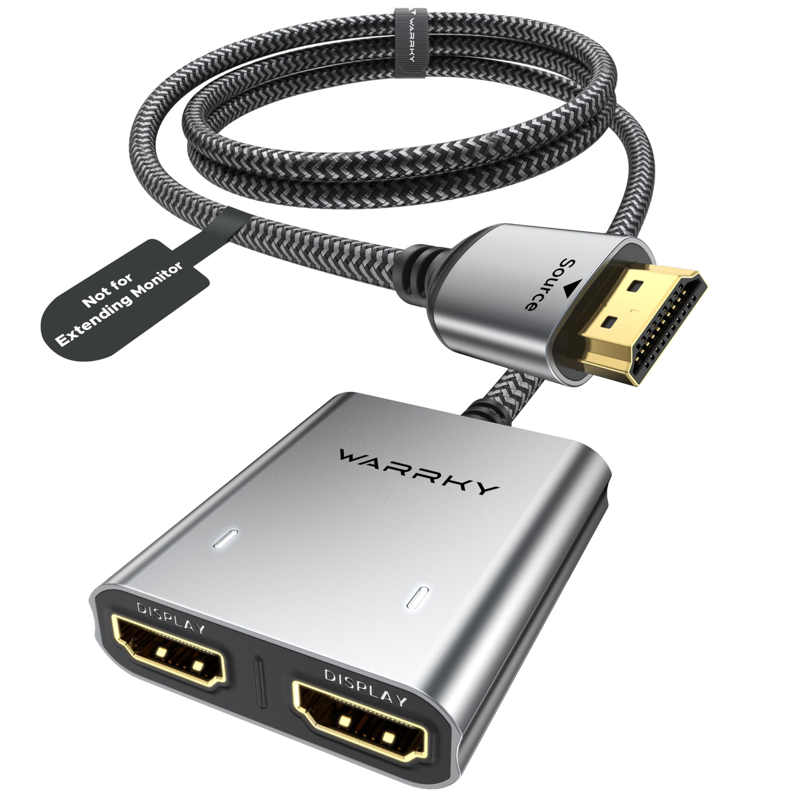 Warrky HDMI Splitter 4K, Display Mirror Same Screen Only (Not Extend Screen), HDMI Splitter 1 in 2 Out [USB-C Powered, Metal Shell, 3.3 Ft Braided Cable], 1x2 for Dual Monitors, Grey-4K UHD