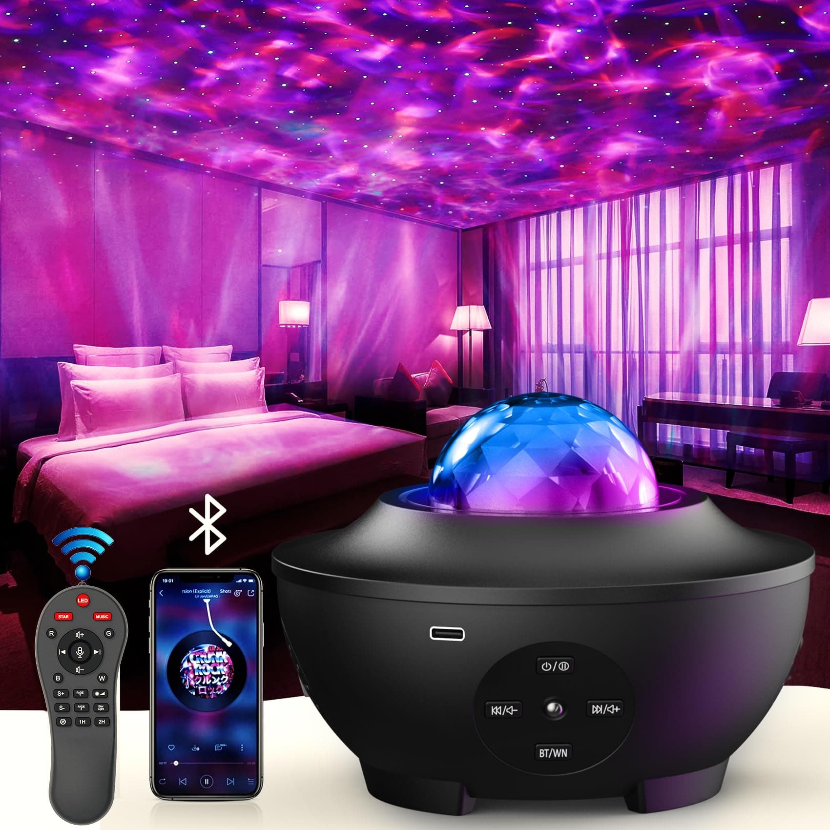 Sunbox Star Projector,Galaxy Projector Night Light with Remote Control,White Noise,Music Speaker&Timer,Starry Light Projector for Bedroom,Party,Decoration,Star Night Light