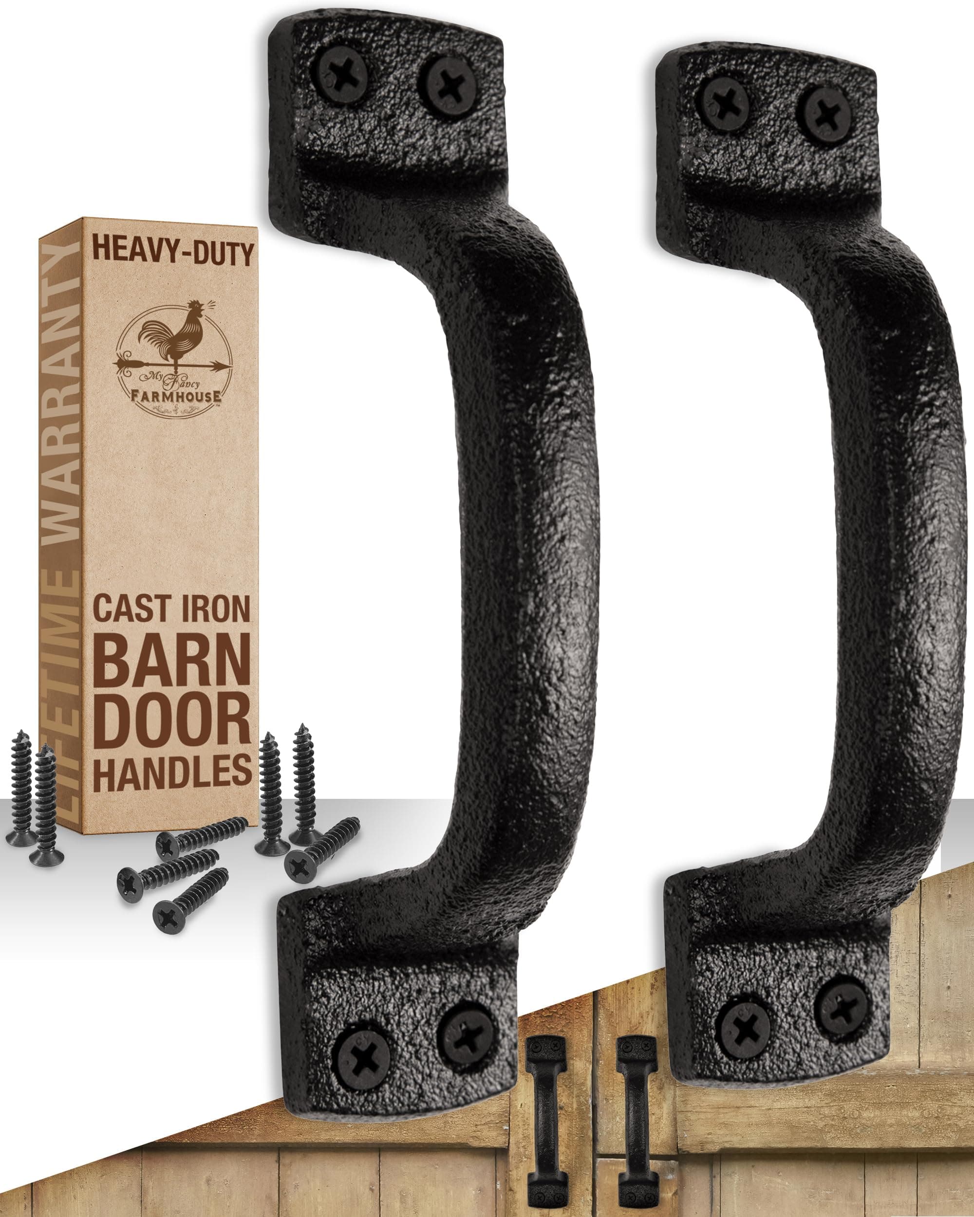 Rustic Barn Door Handles (2 Pack) Heavy Duty - Black Cast Iron Gate Handles - Shed Door or Garage Door Handles - Includes Hardware (6 1/4 inches Tall, Indoor or Outdoor Farmhouse Decor)
