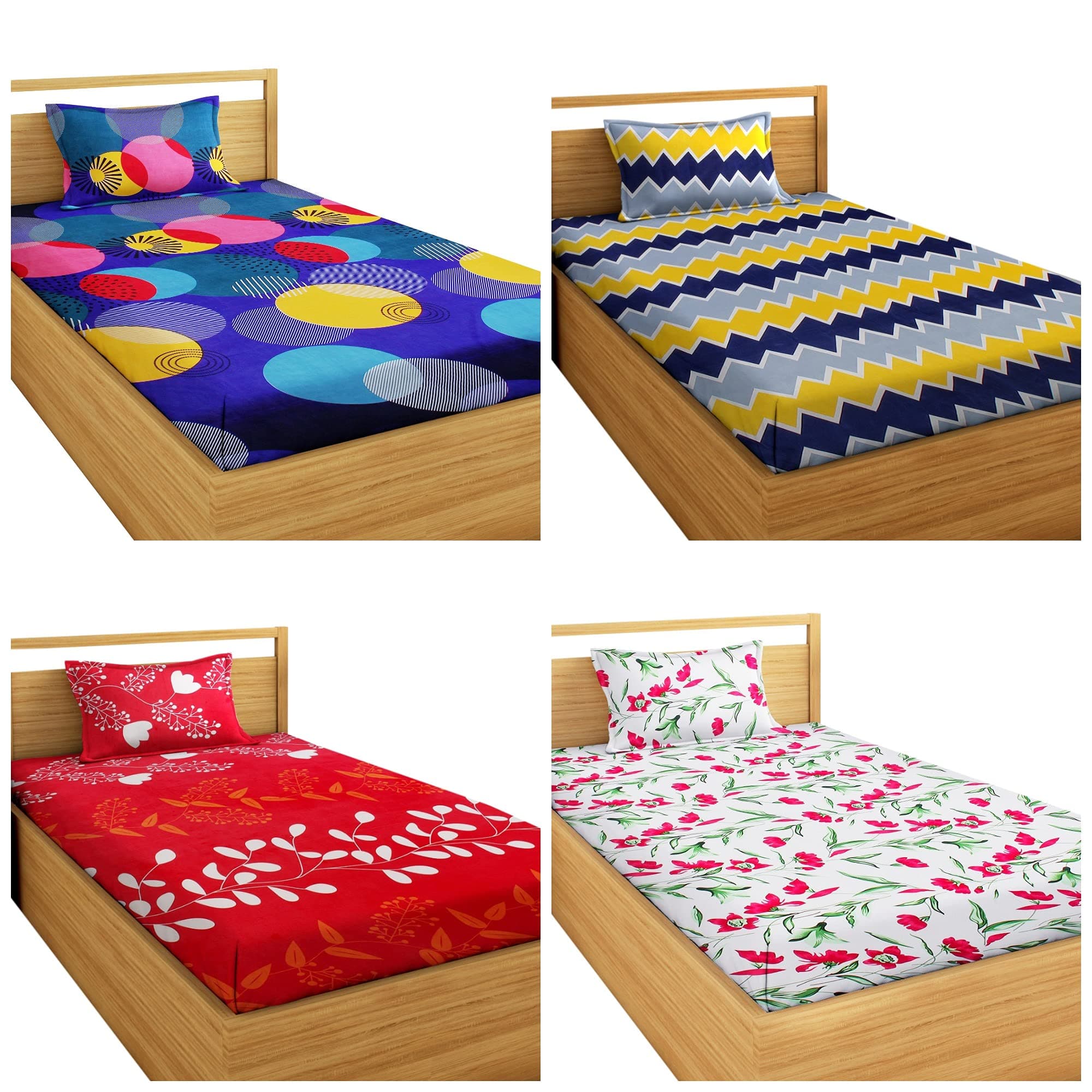 VAS COLLECTIONSSingle Bedsheets Combo Pack of 4-144 TC Soft Brushed Microfiber - Set of 4 bedsheets with 4 Pillow Cover - Breathable & Wrinkle Free - 8 Pcs Set | White, Blue & Red