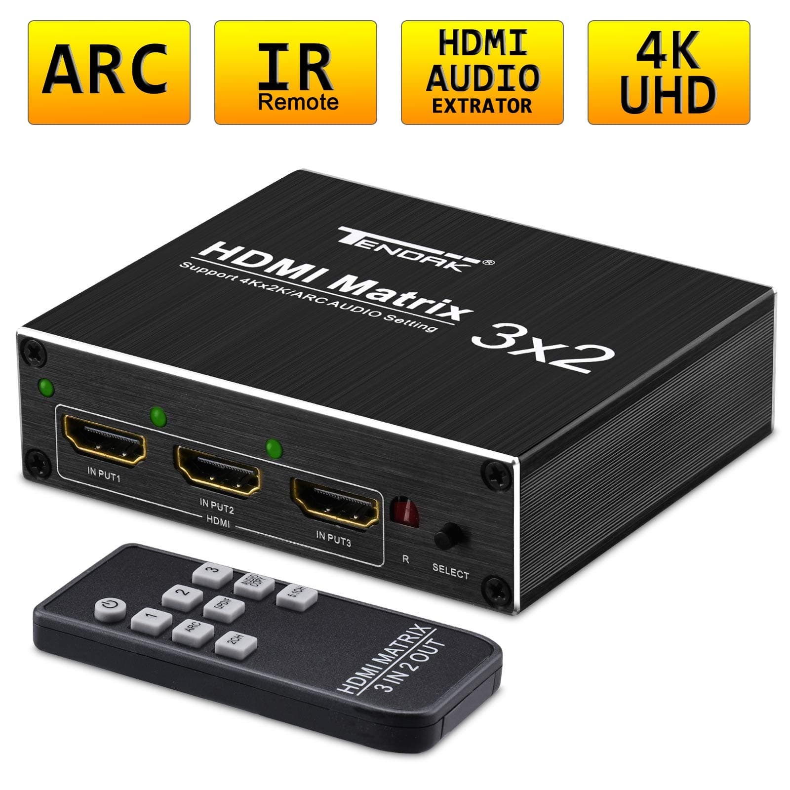 HDMI Matrix Switch 3X2 - Tendak 4K x 2K 3 in 2 Out HDMI Switch Splitter with Optical & L/R HDMI Audio Extractor Support ARC with IR Remote Control & Power Adapter