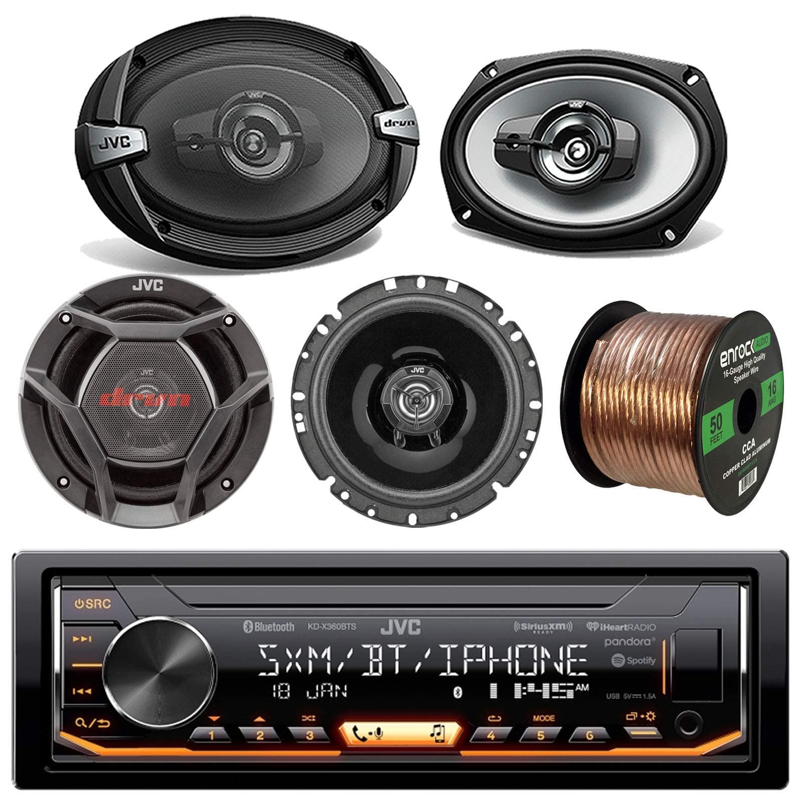 Single DIN Bluetooth USB AUX AM/FM Stereo Receiver, 6x9 500 Watt Max Power 3-Way Car Speakers (Pair), 6.5" 2-Way 300 Watt Max Power Car Speakers (Pair) with 16 Gauge 50 ft Speaker Wire