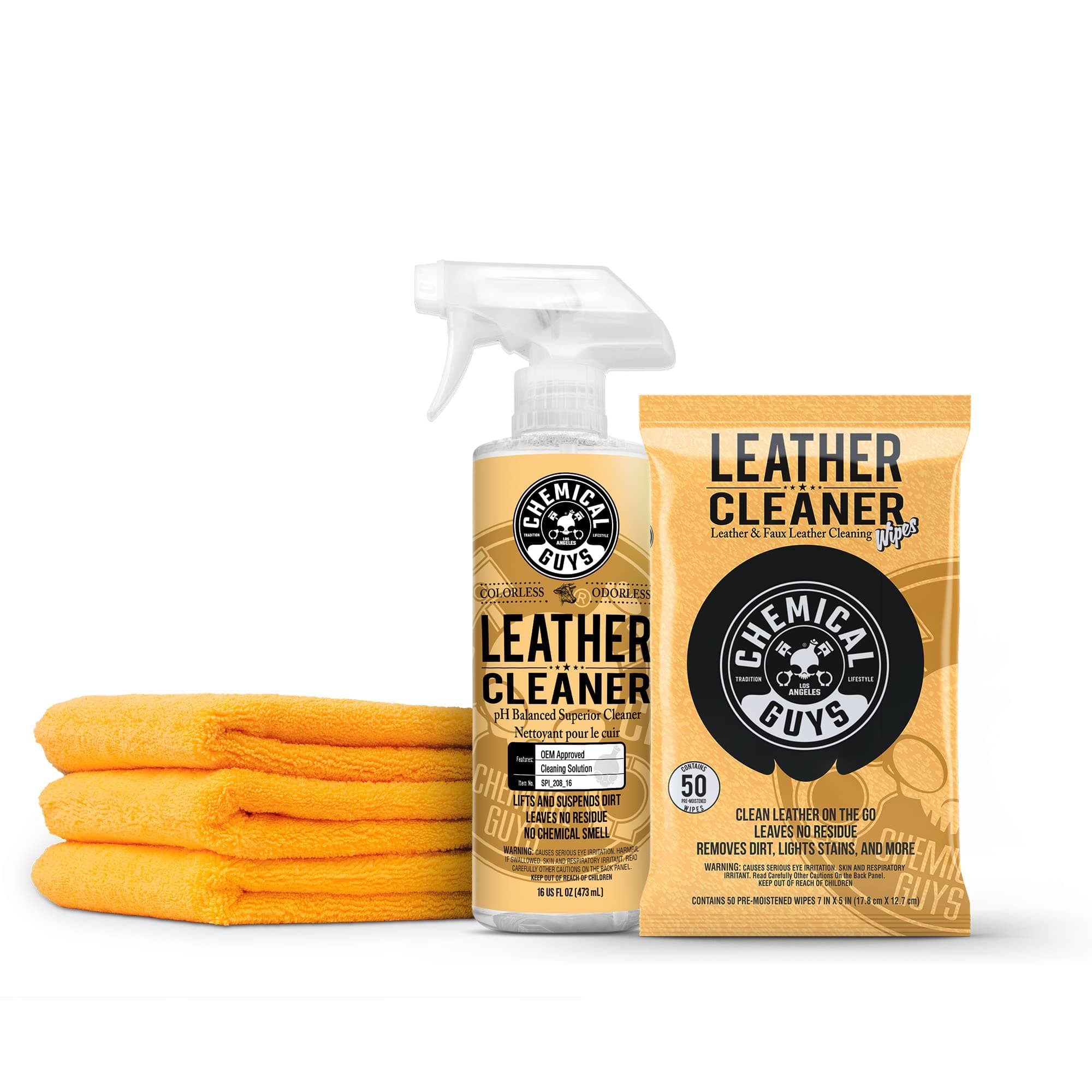SPI_208_16KIT Complete Leather Cleaner Kit - 5 Items Including (1) 16 oz Sprayable Leather Cleaner, (1) 50 Pack of Leather Wipes & (3) 16"x16" Microfiber Towels