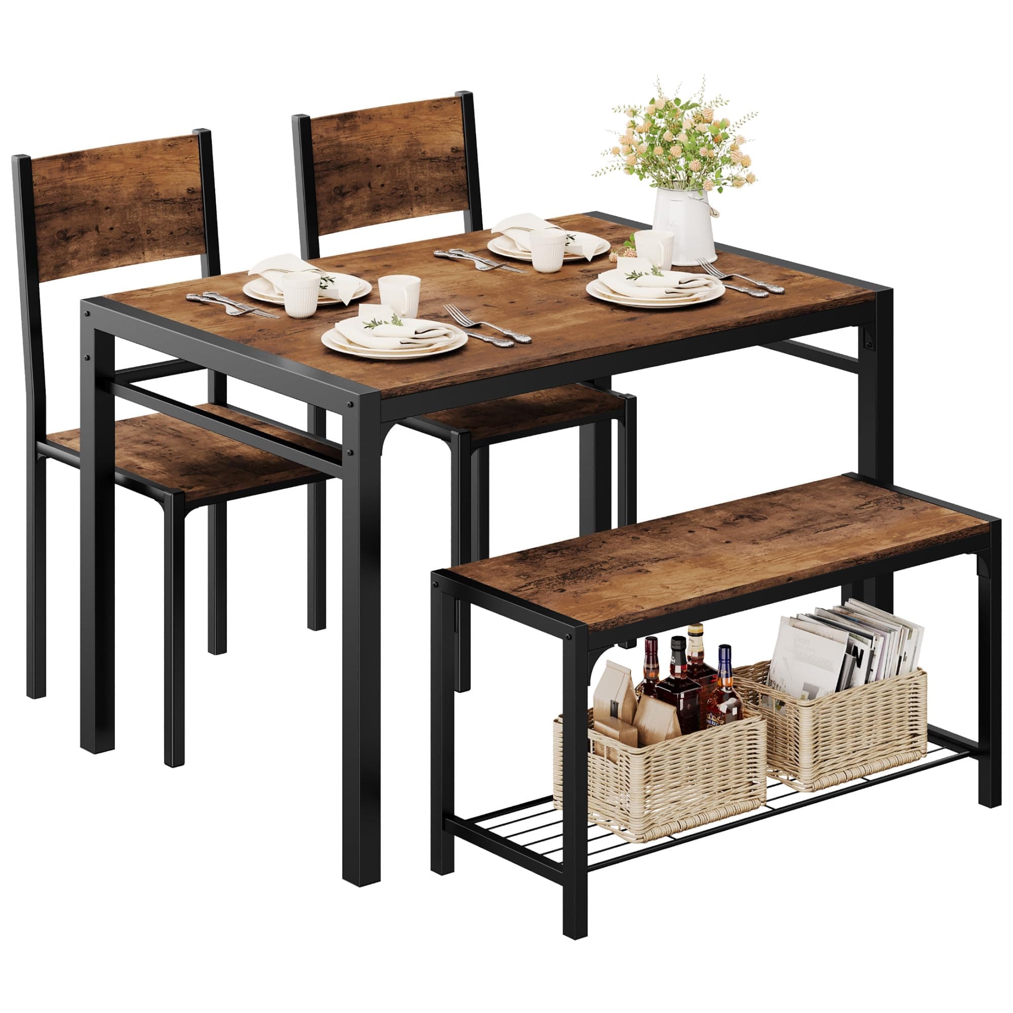 Shahoo Kitchen Table and 2 Chairs for 4 with Bench, 4 Piece Dining Sets for Small Space, Rustic Brown