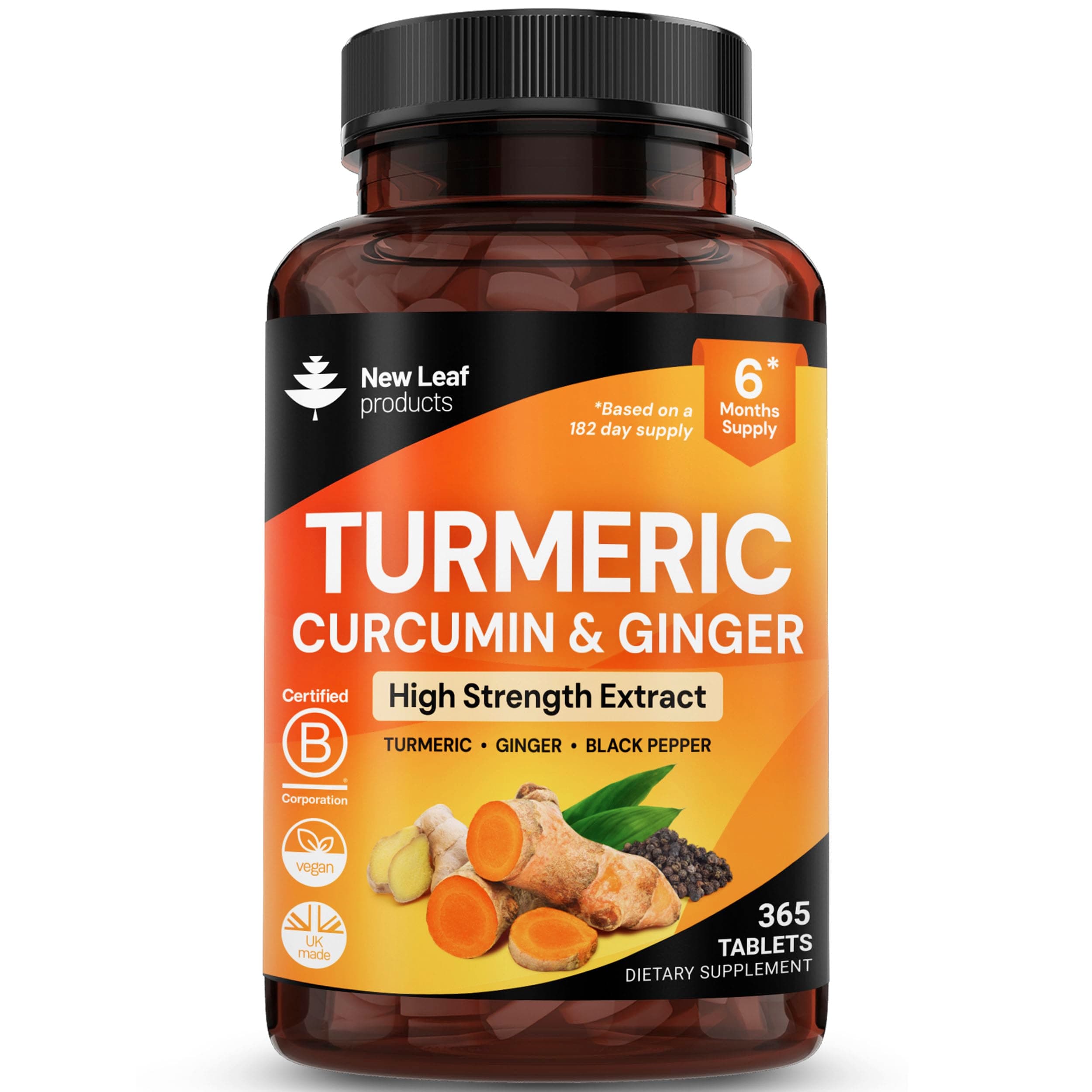 Turmeric Tablets - High Strength Extract with Black Pepper & Ginger (365 Tablets) Active 95% Turmeric Curcumin Supplements, Vegan, GMP, GMO Free Gluten Free, UK Made by New Leaf