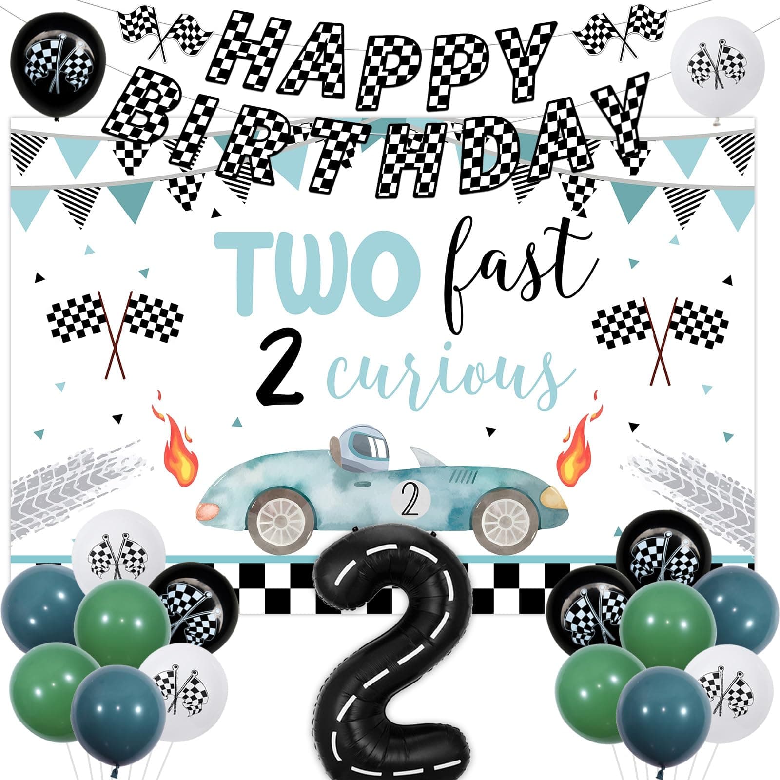 Funmemoir Two Fast Birthday Decorations Boy, Two Fast 2 Curious Backdrop, Race Car Happy Birthday Banner, Number 2 Foil Balloon for Vintage Race Car 2nd Party Decorations