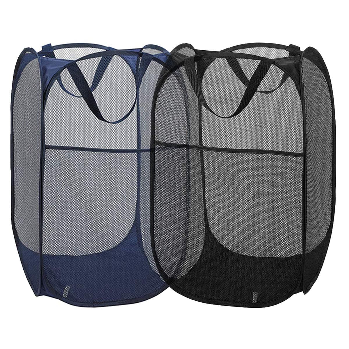 2 Packs Mesh Pop up Laundry Hamper (Black/Navy Blue) with Portable Durable Handles, Collapsible for Storage, Folding Pop-Up Clothes Hampers for Apartment, Home, College Dorm or Travel