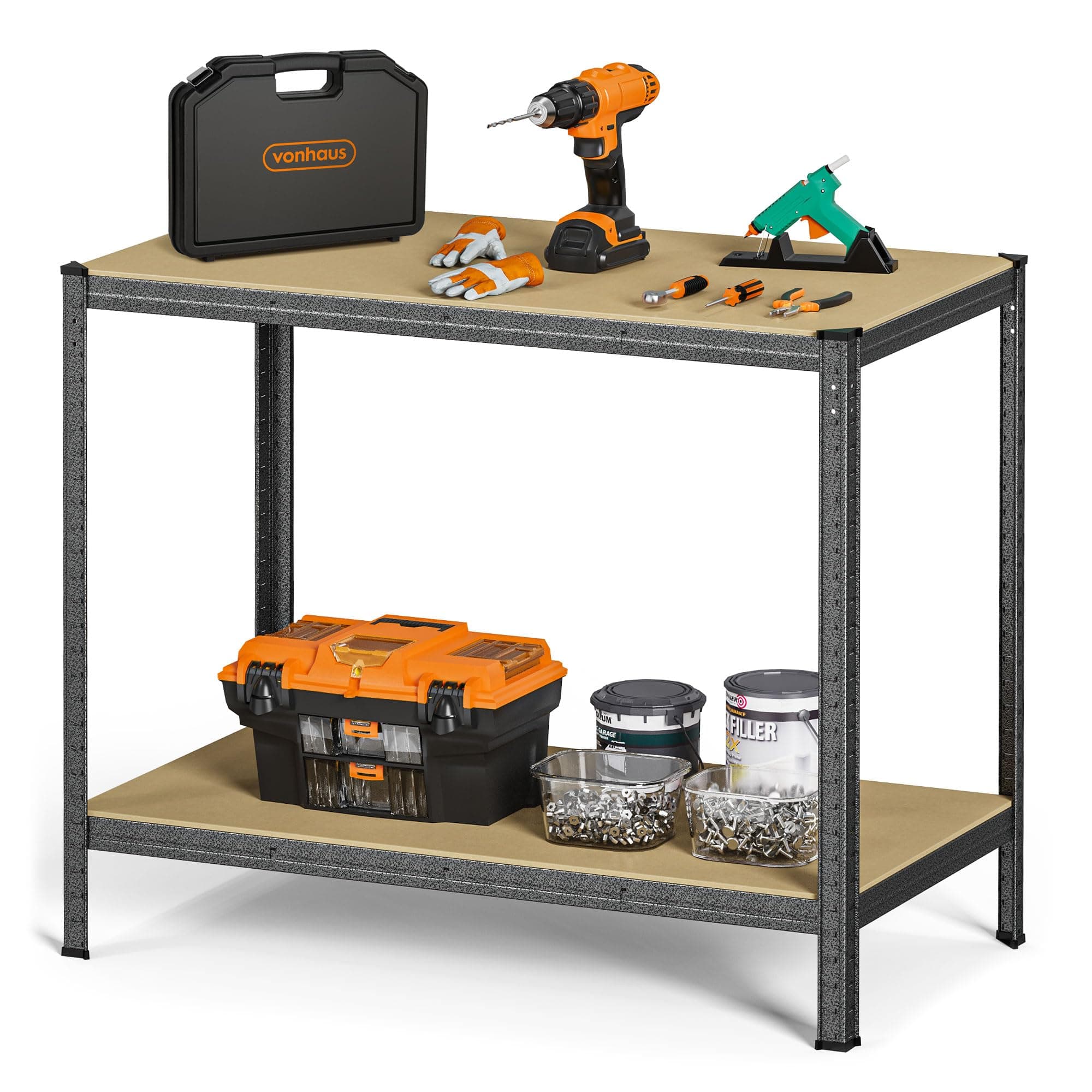 VonHaus Work Bench - Heavy Duty Garage Workbench with Storage for General DIY Tasks - Metal Workshop Bench with 600kg Capacity - Boltless Work Benches for Workshops, Garage and Shed