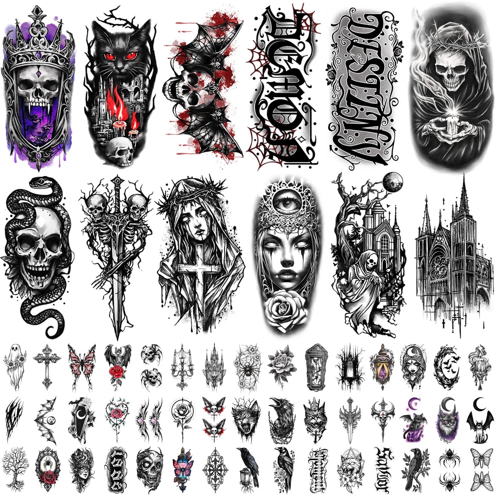77 Sheets Fire Dragon Flame Fake Tattoos and 77 Sheets Gothic Style Temporary Tattoos