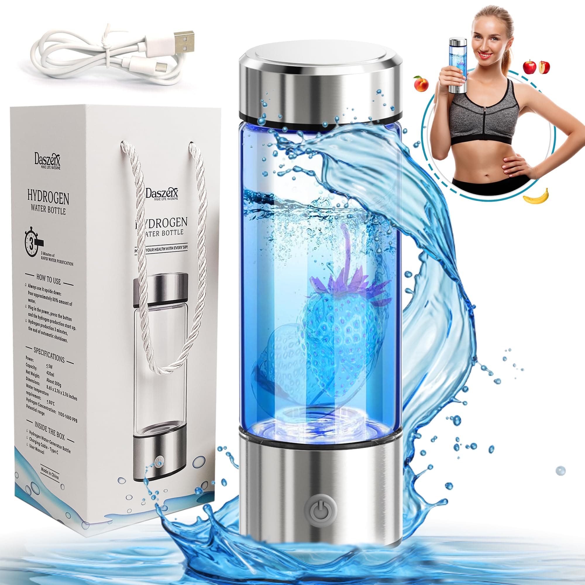 Hydrogen Water Bottle Generator - Advanced Hydrogen Water Bottles with SPE PEM Technology - 3 Minute Ion Water Ionizer - Portable Rich Water Bottle for Athletic Performance and Hydration