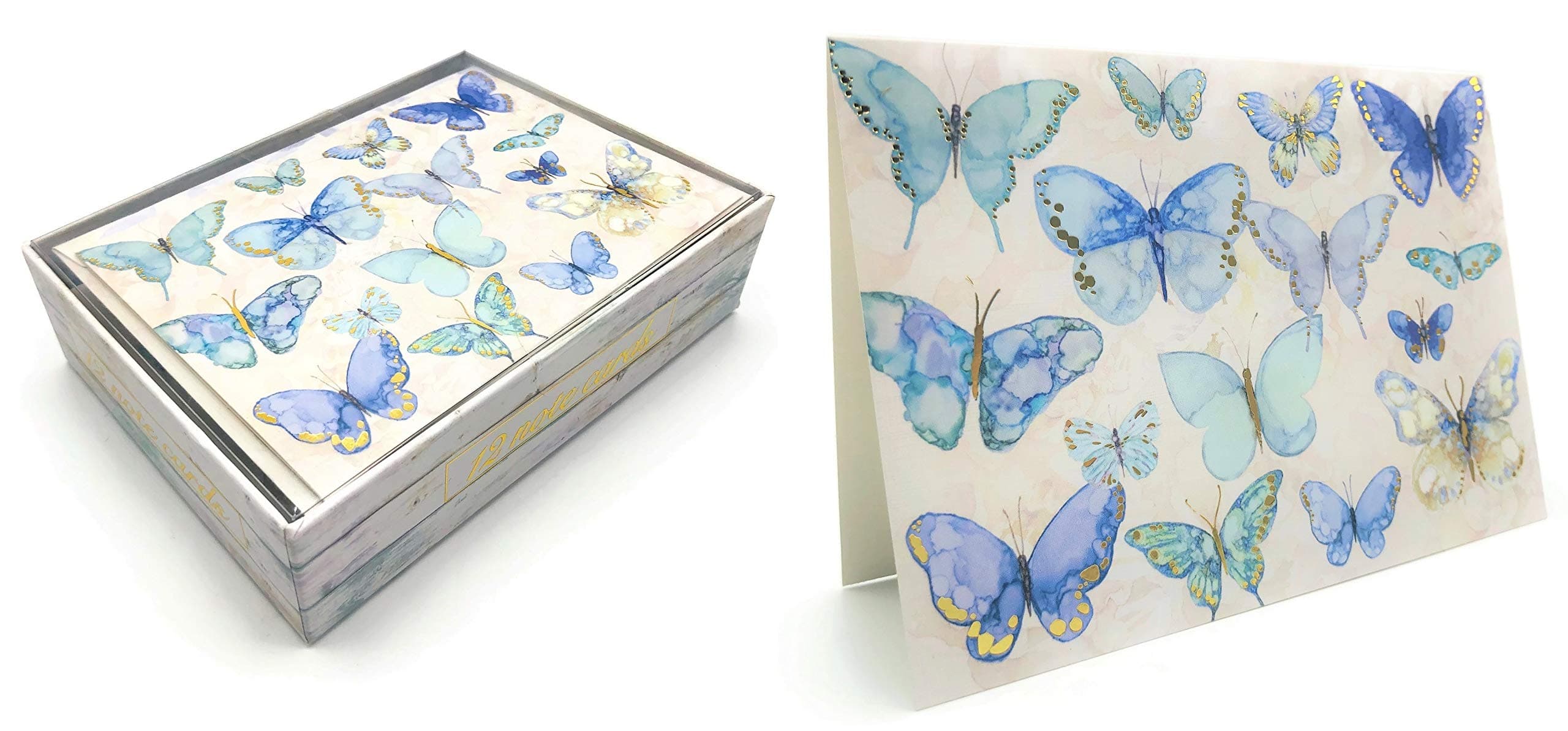 Punch Studio Window Boxed Set of 12 Blank Note Cards ~ Blue Flutter Butterflies 16717