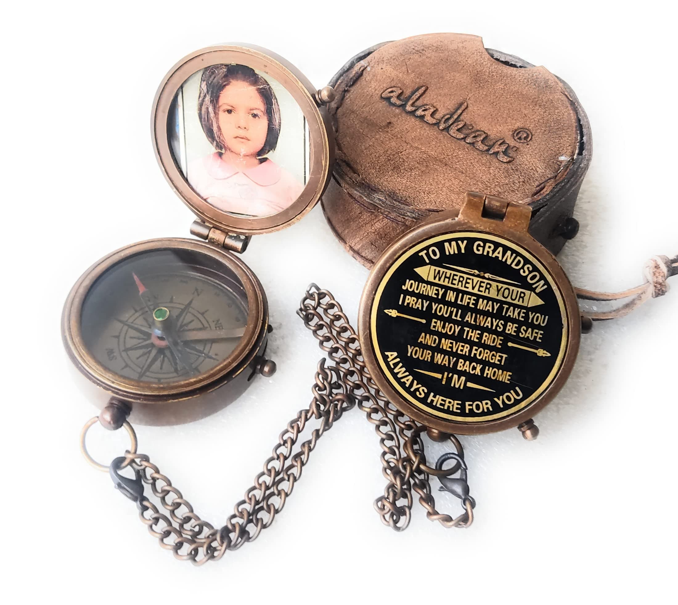 Mini Picture Frame Compass | Engraved Quote Mini 46 mm Personalized Brass Photo Frame / Custom Text Table Top Birthday Gift, Baptism Gift, Christmas Gift for Boys, Girls, Kids Men & Women (My Grandson)