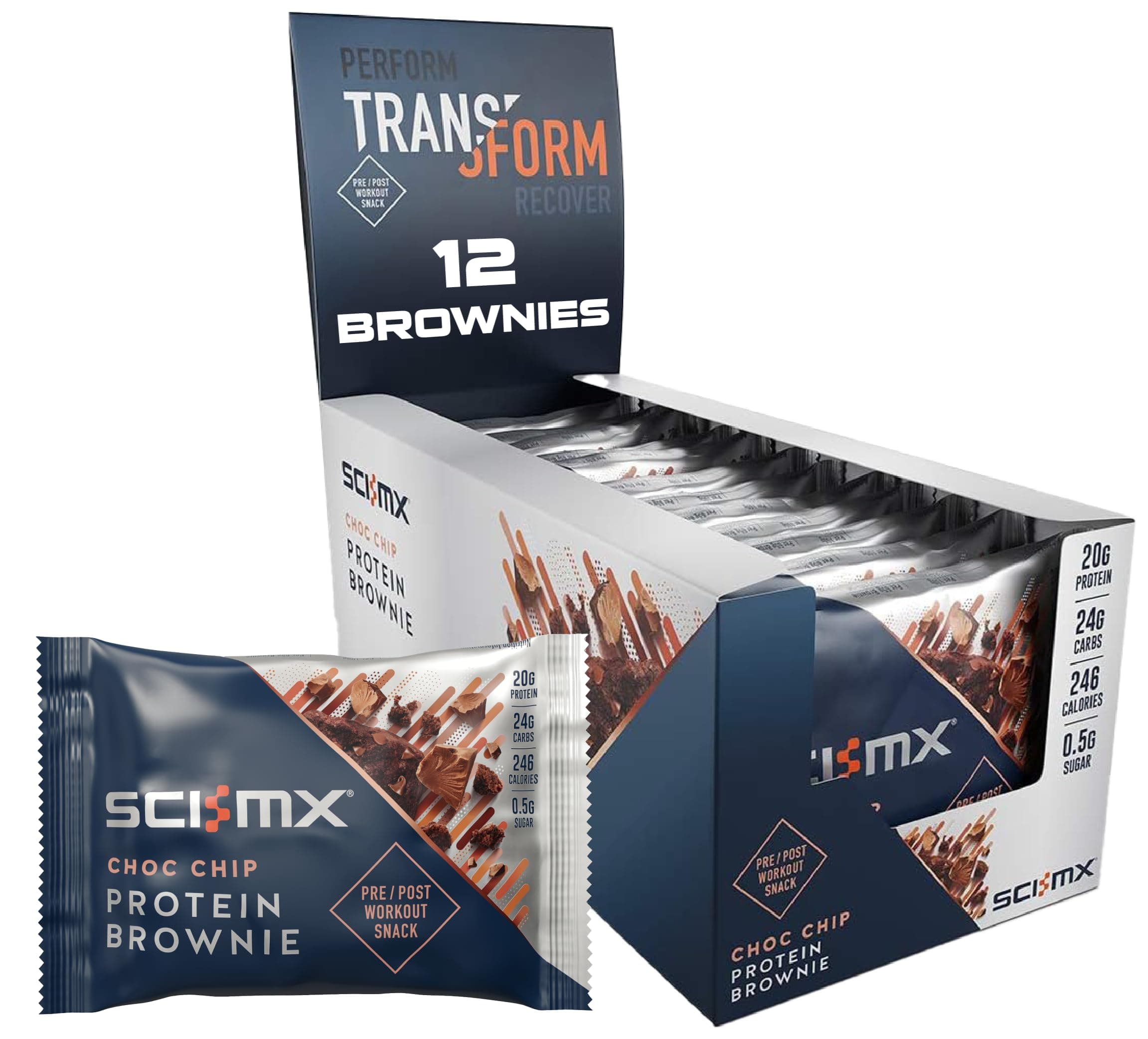 High Protein Chocolate Chip Brownie Box - 20g protein, 0.5g sugar + 246 calories per brownie - Pack of 12 x 65 g - Low Sugar - Pre / Post Workout Snack - No Palm Oil - Suitable for Vegetarians