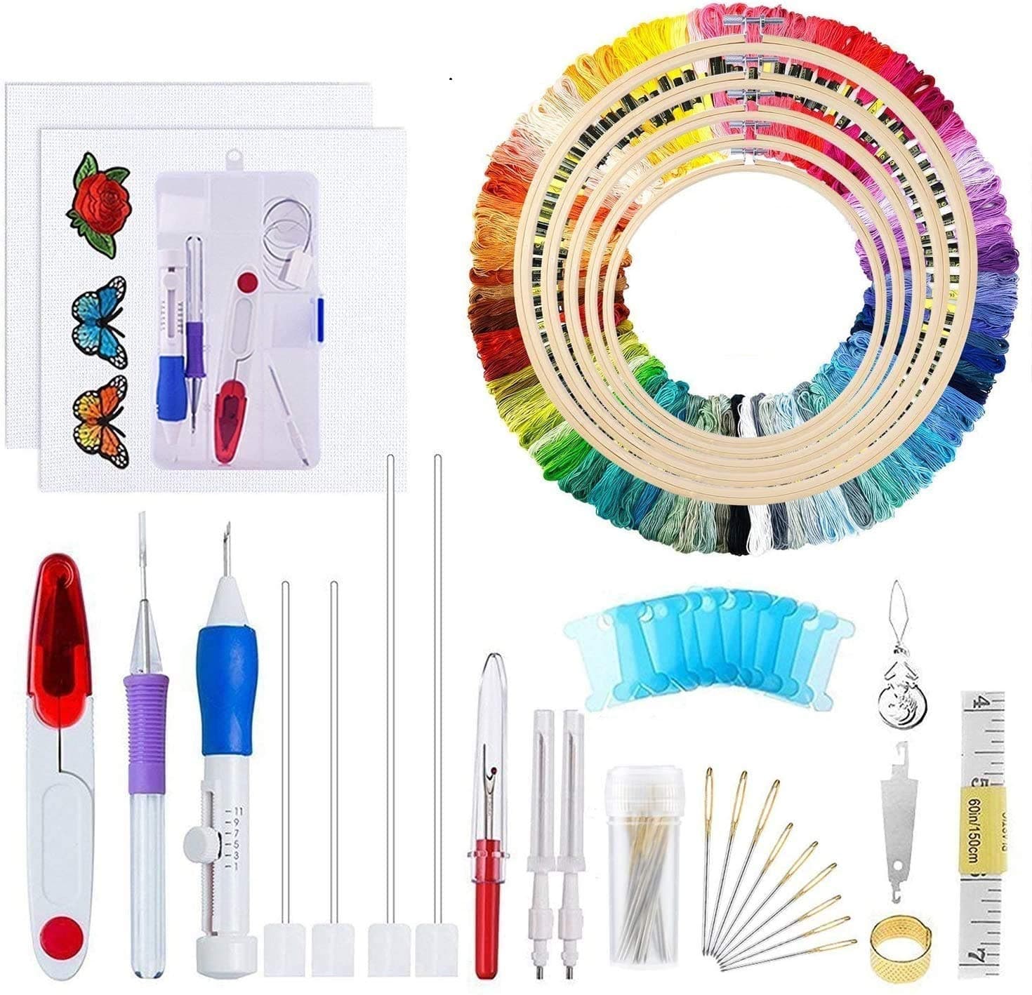 Embroidery Starter Kit Full Set - Including Magic Embroidery Pen Punch Needle,5 Pieces Bamboo Embroidery Hoops, 100 Color Threads,Embroidery Needles Stitching Punch Pen Set Craft Tool for Beginner