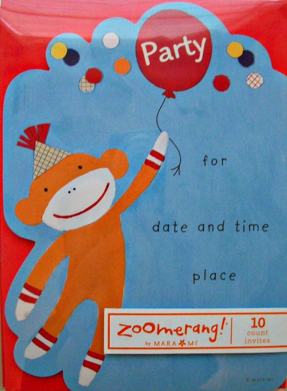 Sock Monkey with Balloons Party Invitations by Mara Mi