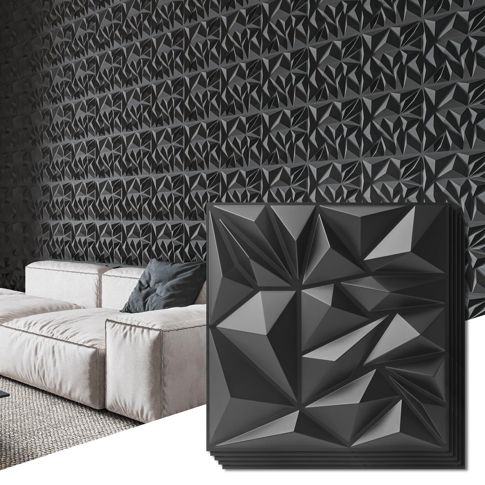 Art3d 33-Pack 3D Wall Panels for Interior Wall Decor, Modern Diamond Textured Accent Wall Paneling for Gaming Living Room TV Wall Background, 12 x 12 inch Black