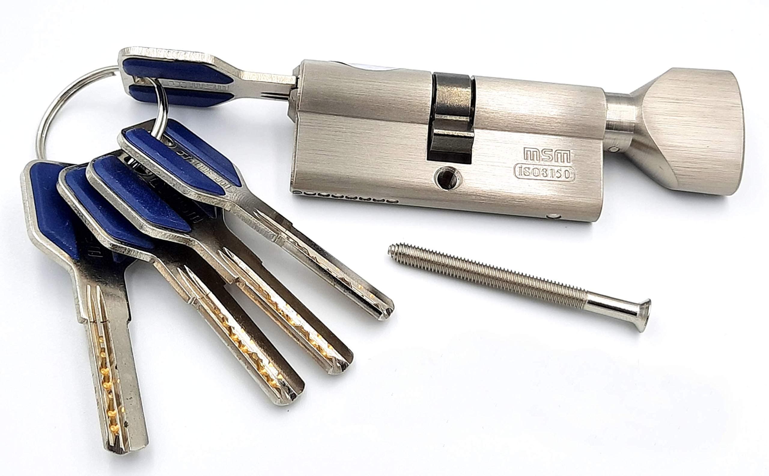 MSM Msvilla lock cylinder ISO9001, 5 computer keys with rubber grip, spanish product for all kinds of door handles (60mm (keys+knobe), Silver)