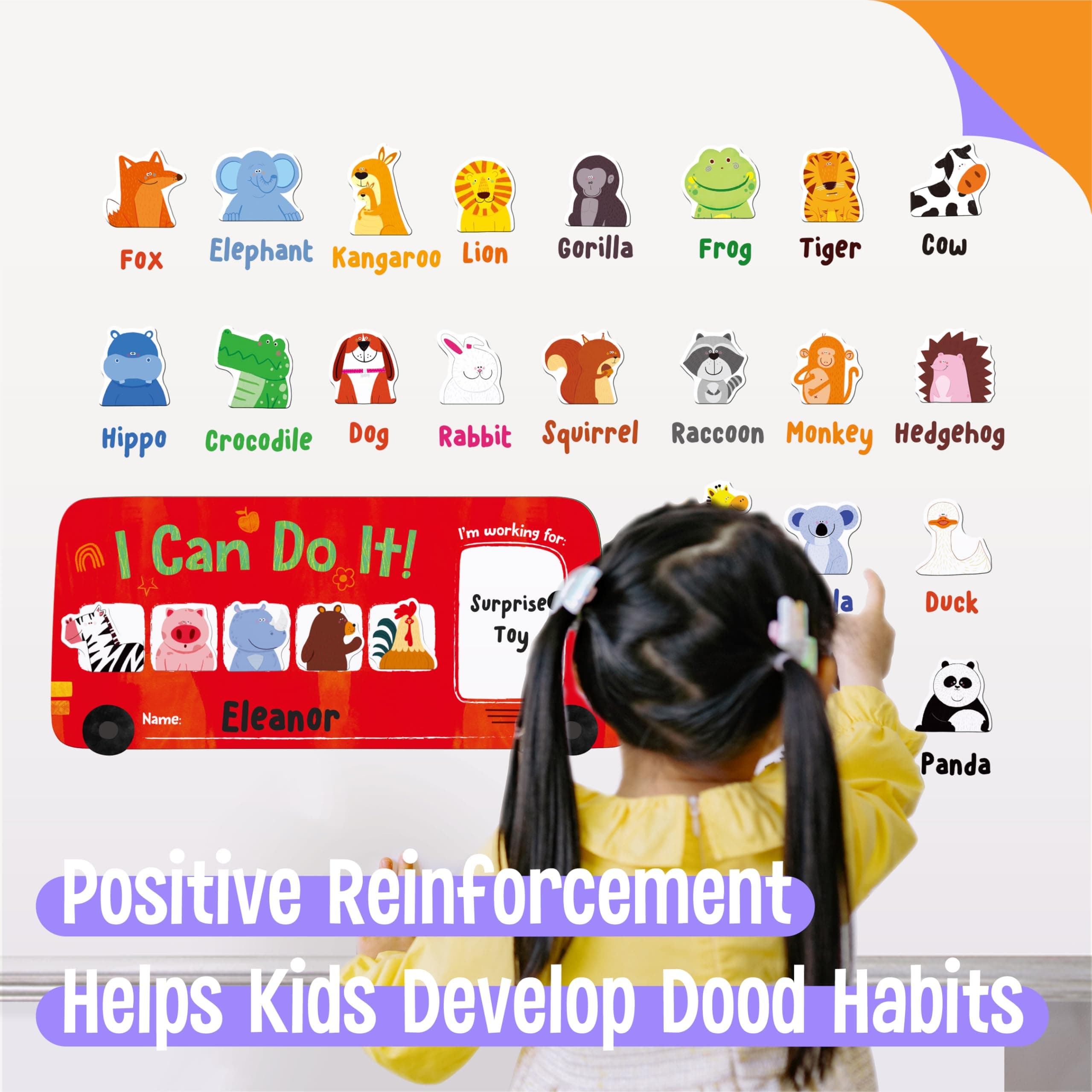 “I CAN DO IT” Token Board,Magnetic Reward Chart with 26 Animal Magnets, Red Bus Reward Chart for Kids, Incentive Positive Chart for Good Behavior and Responsibility, Great for Toddlers, Kids, Students