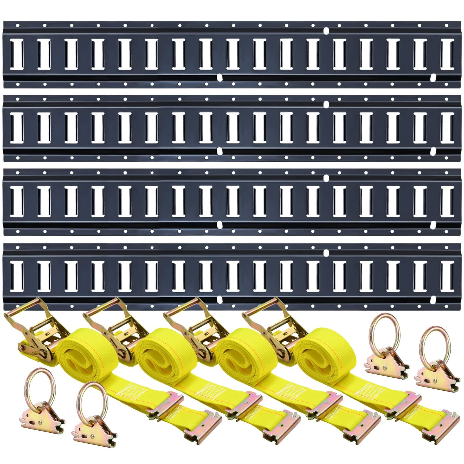 Trekassy E Track Rails Tie-Down Kit -12 Pieces: 4 Pack 5ft Etrack Rails, 4 E-Track Straps and 4 O-Rings for Trucks, Vans, Garages, Trailers Tie Down System