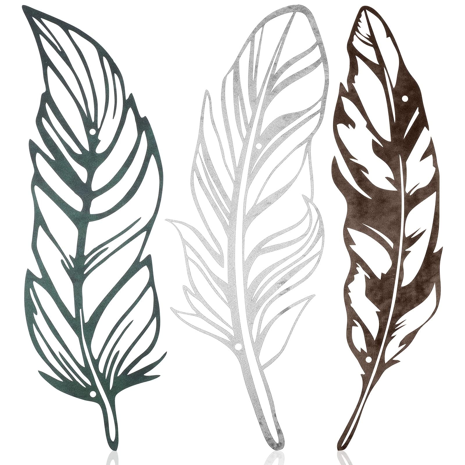 Hotop 3 Pieces Metal Feather Wall Decor Large Rustic Feather Decor Distressed Metal Wall Sculpture Laser Cut Hanging Decors for Home Kitchen, Retro White, Turquoise, Old Copper Color