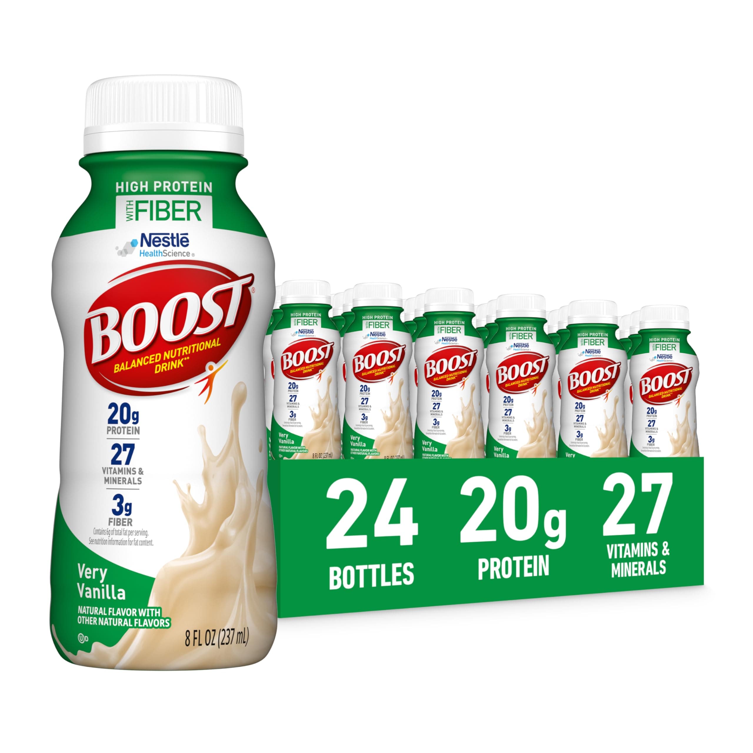 BOOST High Protein with Fiber Complete Nutritional Drink, Very Vanilla, 8 fl oz Bottle, 24 Pack