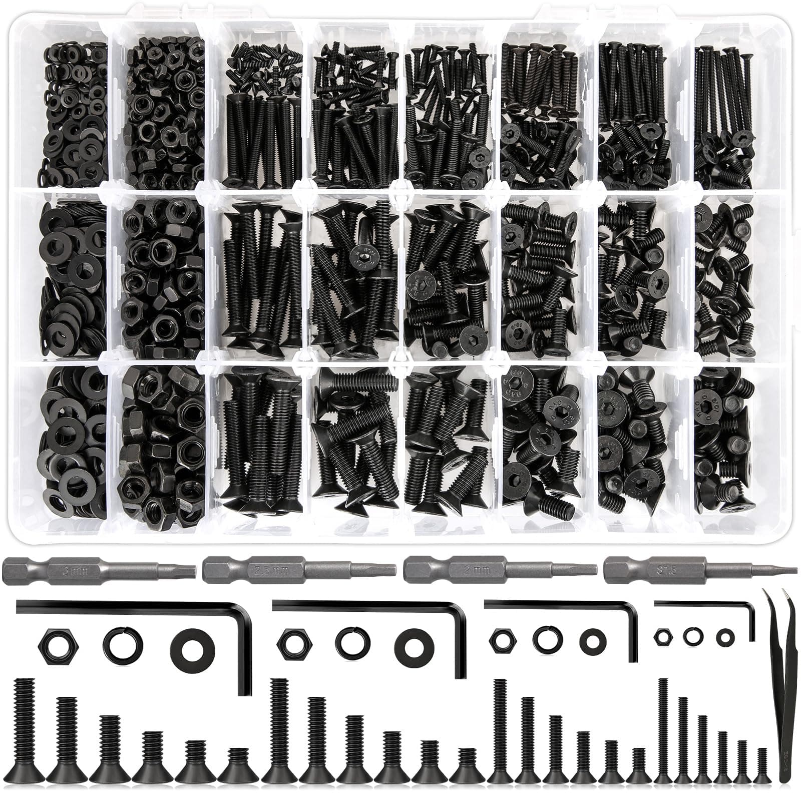 1700Pcs Screws Assortment Hex Socket Flat Head 24 Size M2 M3 M4 M5 Black Screws, Nuts and Bolts, 10.9 Alloy Steel 8MM to 25MM Metric Bolt Assortment Machine Screws, 8/10/12/16/20/25mm