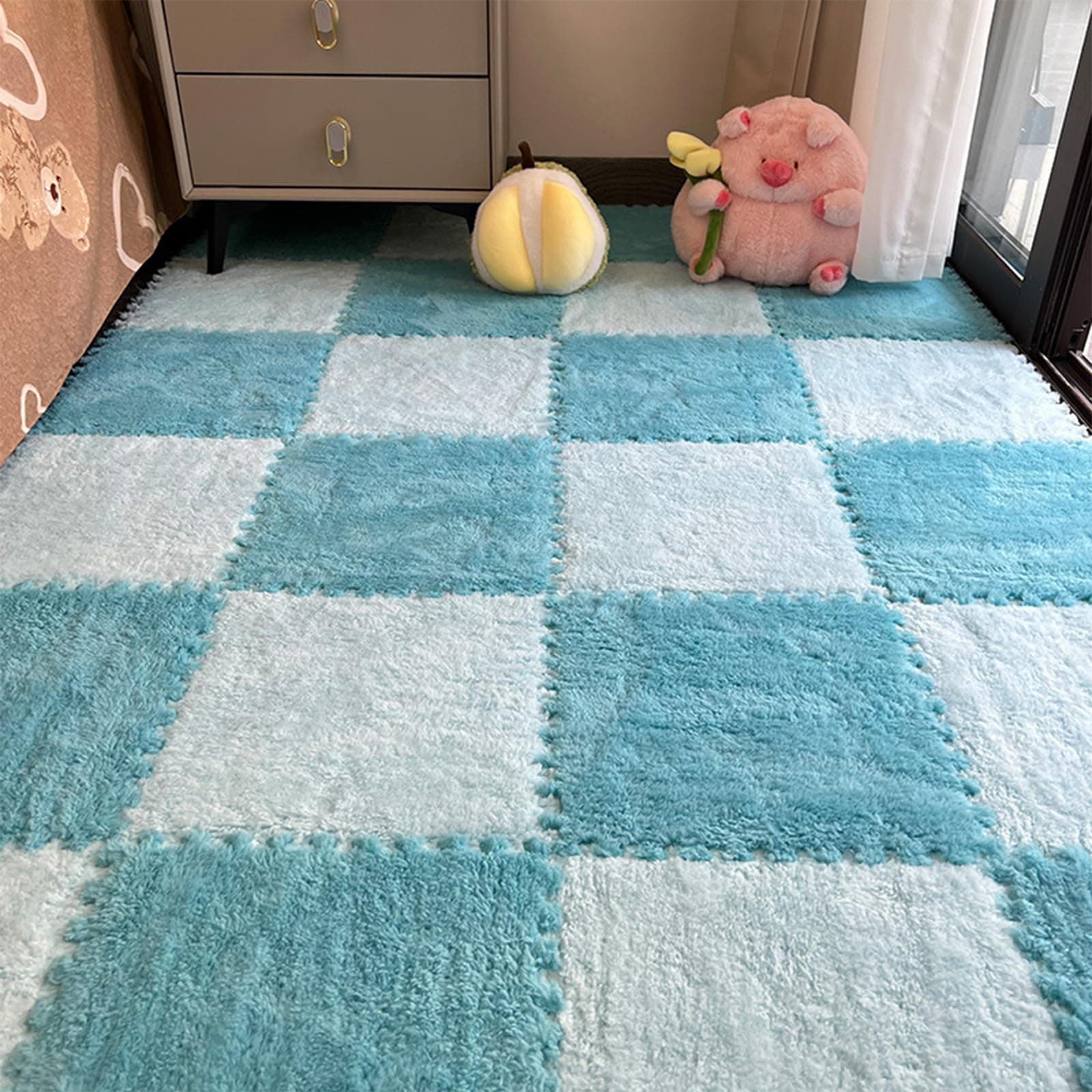 Plush Puzzle Foam Floor Mat, 30 * 30cm Soft Fluffy Interlocking Square Foam Tiles Area Rugs Carpet, Play Mat Flooring Climbing Area Rugs for Home Playroom Parlor Decor (Light Blue & Lake Blue, 10PCS)