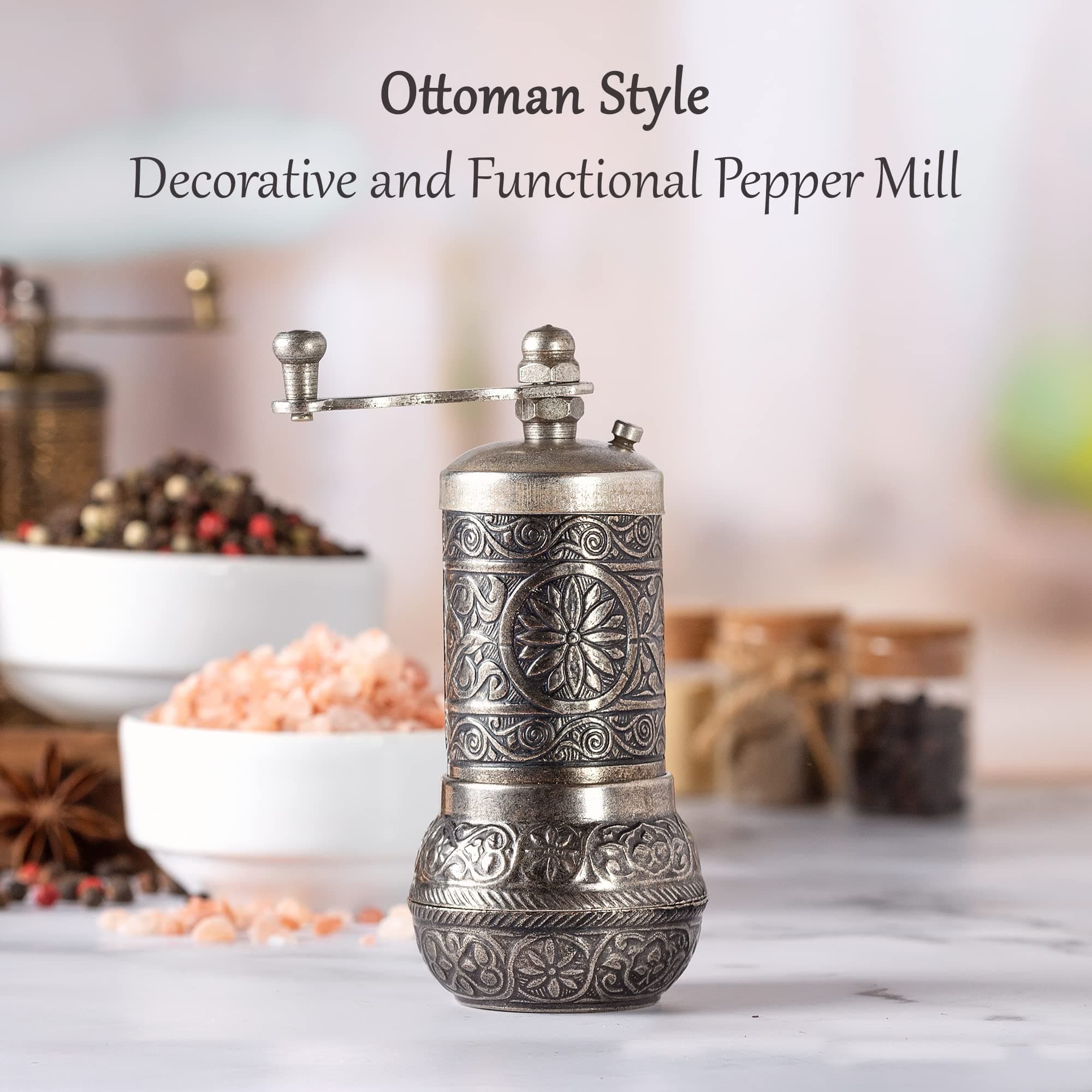 Crystalia Decorative Black Pepper Grinder, Refillable Turkish Spice Mill with Adjustable Coarseness, Manual Pepper Mill with Handle, Spice Grinder Metal with Hand Crank, Dark Silver