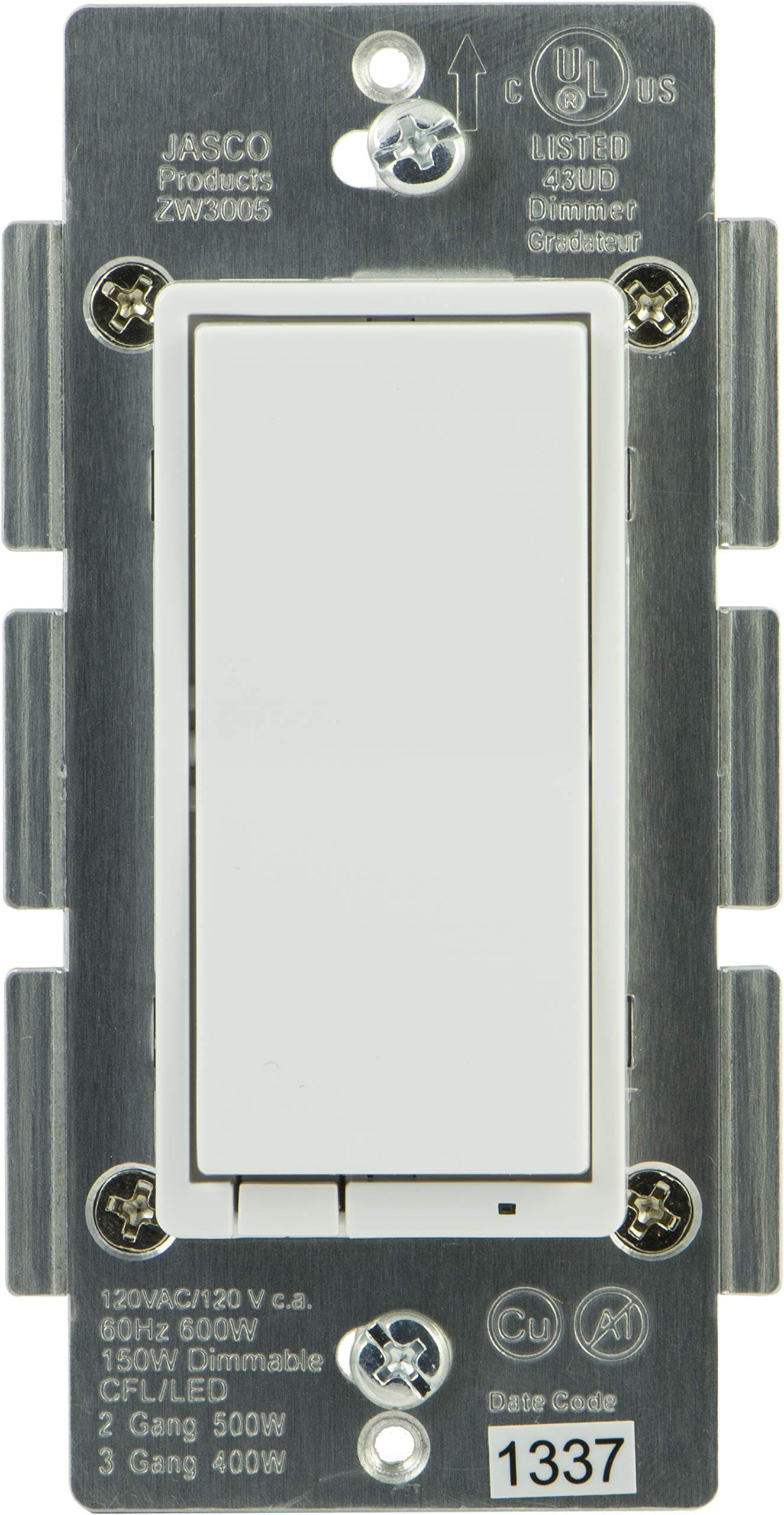 JASCO Z-Wave Wireless Smart Dimmer Paddle, In-Wall, Includes White & Light Almond Paddles, Works with Amazon Alexa (Hub Required), 45712