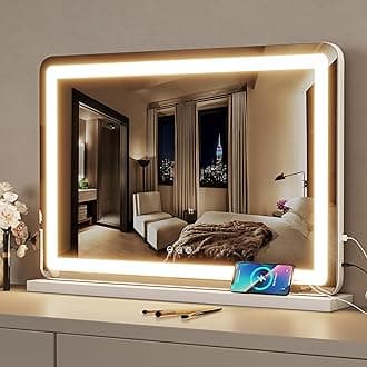ZL ZELing Vanity Mirror with Lights, 32" x 23", LED Makeup Mirror, Dimmable 3-Color Lighting, 5X Magnification, Touch Screen Control, Wall-Mountable and Tabletop Design