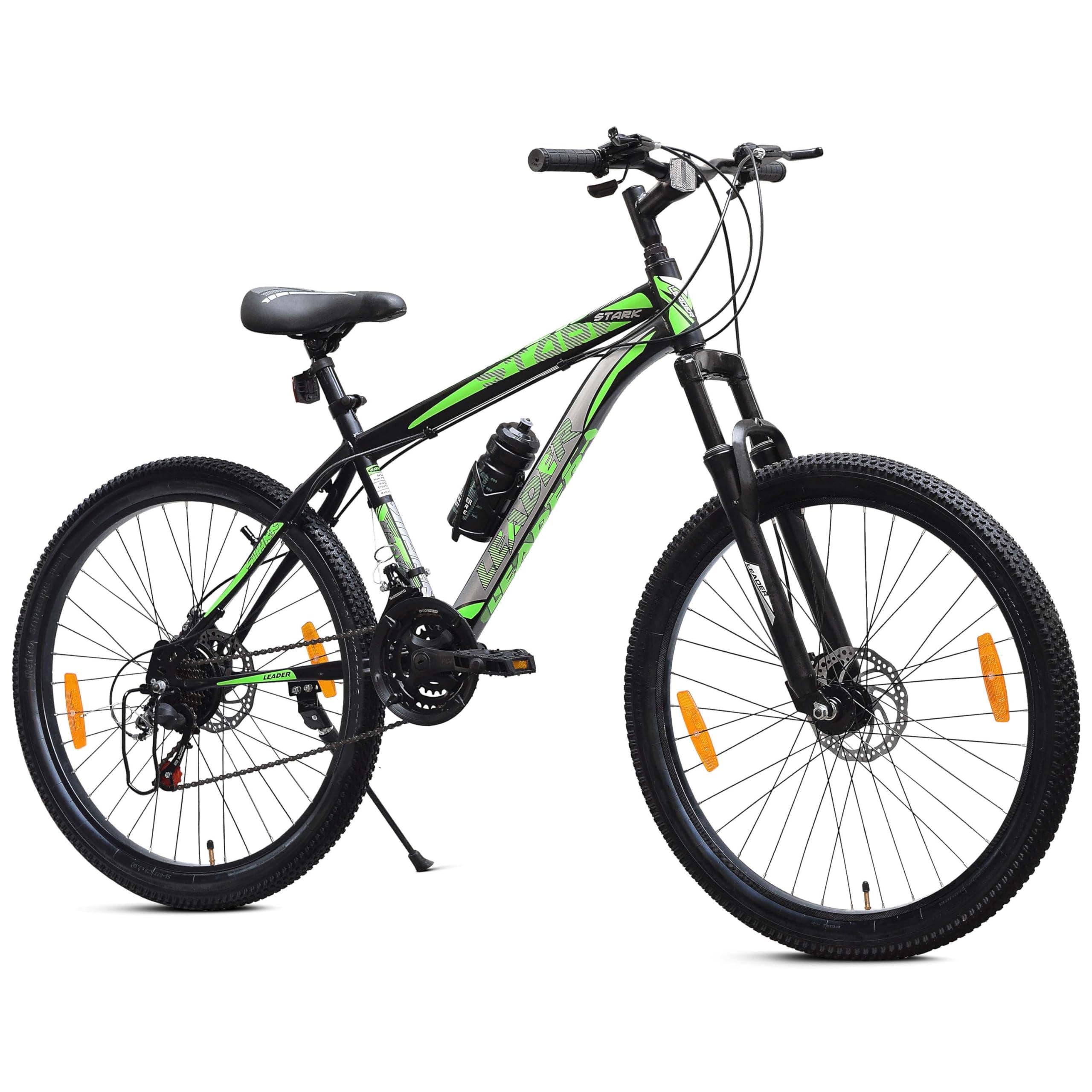 Leader Stark 27.5T MultiSpeed (21-Speed) MTB Cycle with Front Suspension and Dual Disc Brake Mountain Bicycle/Bike for Men - Matt Black/Green Ideal for 15+ Years | Frame: 19 Inches