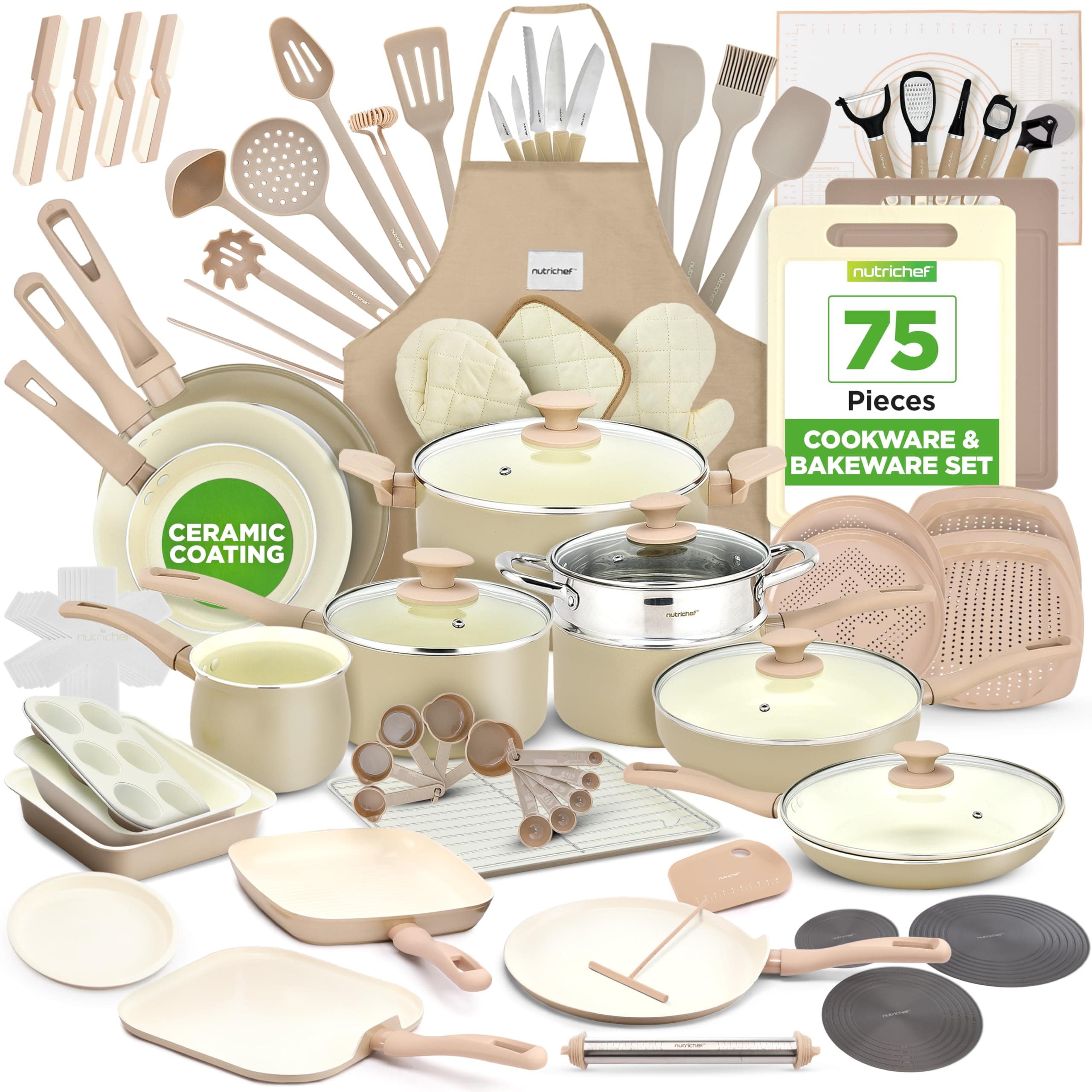 Pots and Pans Set, Nonstick Cookware 75-Piece, Ceramic Pan Collection with Bakeware, Knife Kit, Food-Grade Safe, Stain-Resistant, Cream/Brown, Oven Safe to 190°C