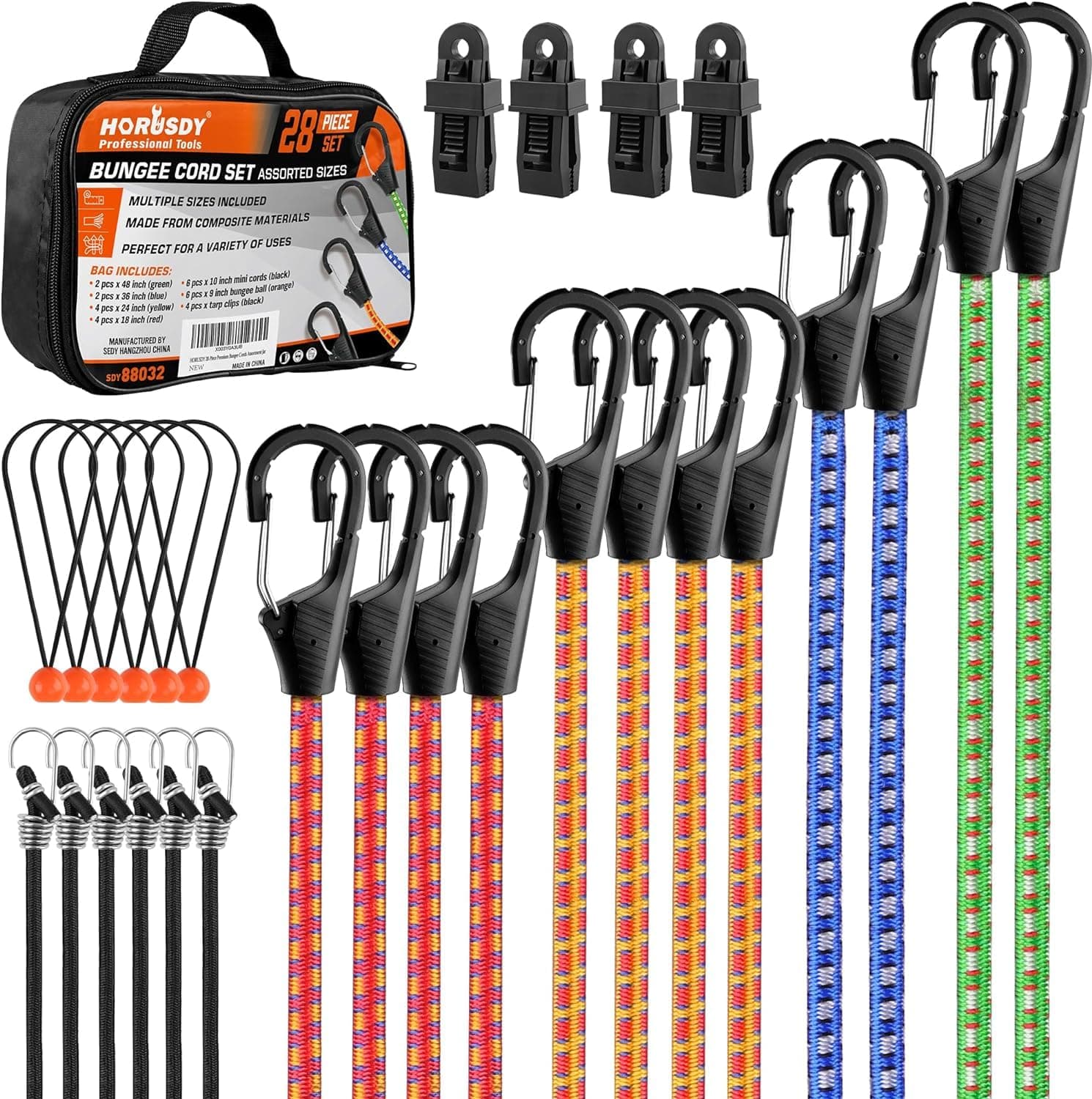 HORUSDY 28-Piece Premium Bungee Cords with Hooks, Includes 10”, 18”, 24”, 36”, 48” Bungee Cords, Bungee Cords Assortment