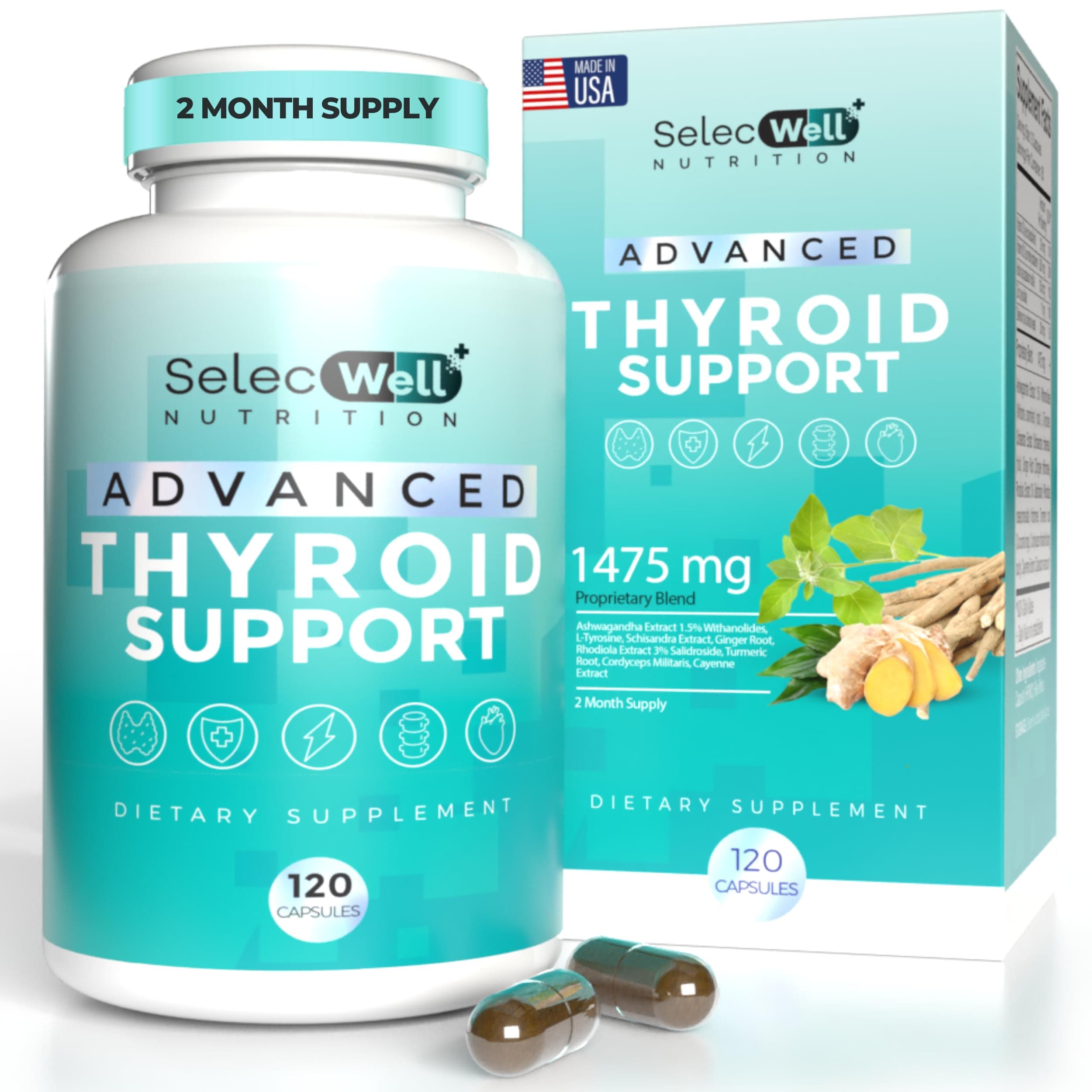 Advanced Thyroid Support, 2 Month Supply – Supports Energy, Focus & Hormone Balance – with Iodine, Selenium, Ashwagandha & L-Tyrosine (Vegetarian, Non-GMO)