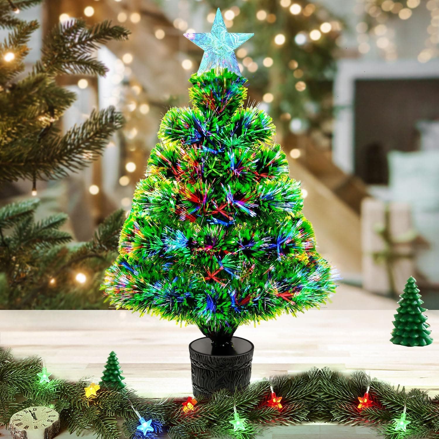 Pre-Lit Artificial Mini Christmas Tree, Lighted Optical Fiber Tabletop Christmas Tree Desktop Decorations with Tree Star,RGB Lighting for Table, Room,Holiday Decor(54cm)