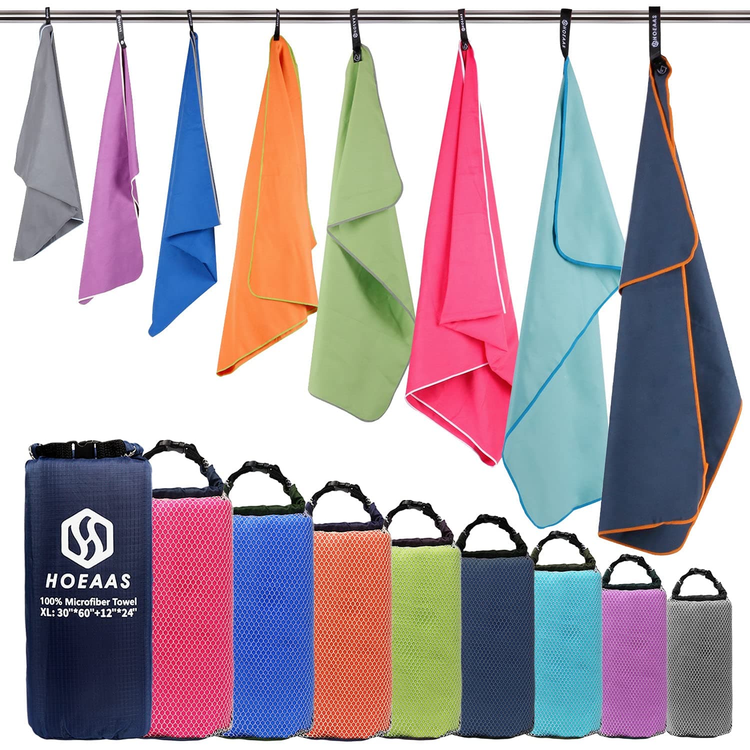 HOEAAS 2 Pack Microfiber Camping Towels, Quick Dry Towel, Super Absorbent Ultra Compact Travel Towel Soft Lightweight Sports Towel for Sweat Fast Drying Towels for Pool,Gym,Hiking,Backpacking,Fitness