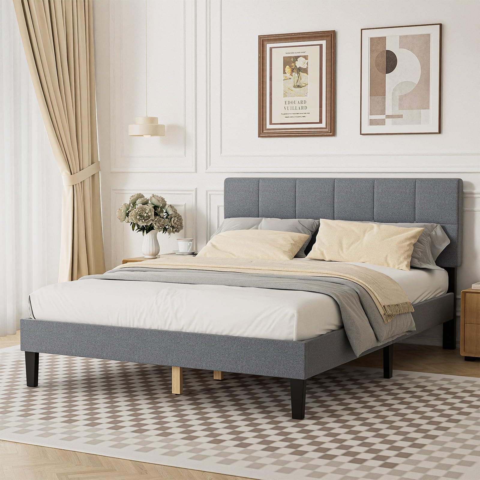 Sweetcrispy Queen Size Bed Frame - Linen Upholstered Platform Bed with Headboard, No Box Spring Needed with 800LBS Solid Wooden Slats Support, No-Noise, Easy Assembly, Grey