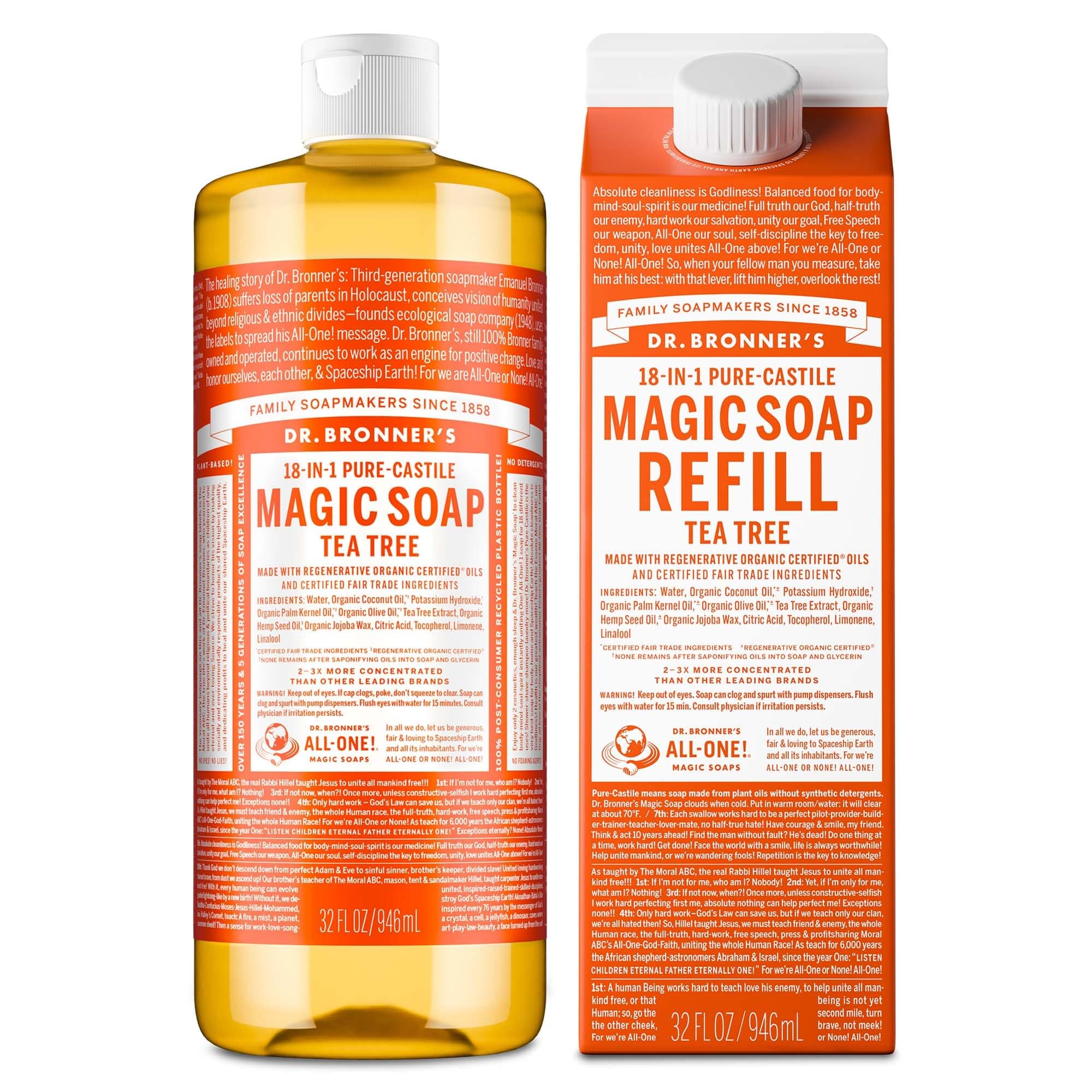 Dr. Bronner's Pure-Castile Magic Soap Liquid- Made with Regenerative Organic Certified Oils- For Body, Face, Hair, Dishes, Laundry, Vegan Bath Soaps for Men & Women, Non-GMO- Tea Tree, 32oz + Refill