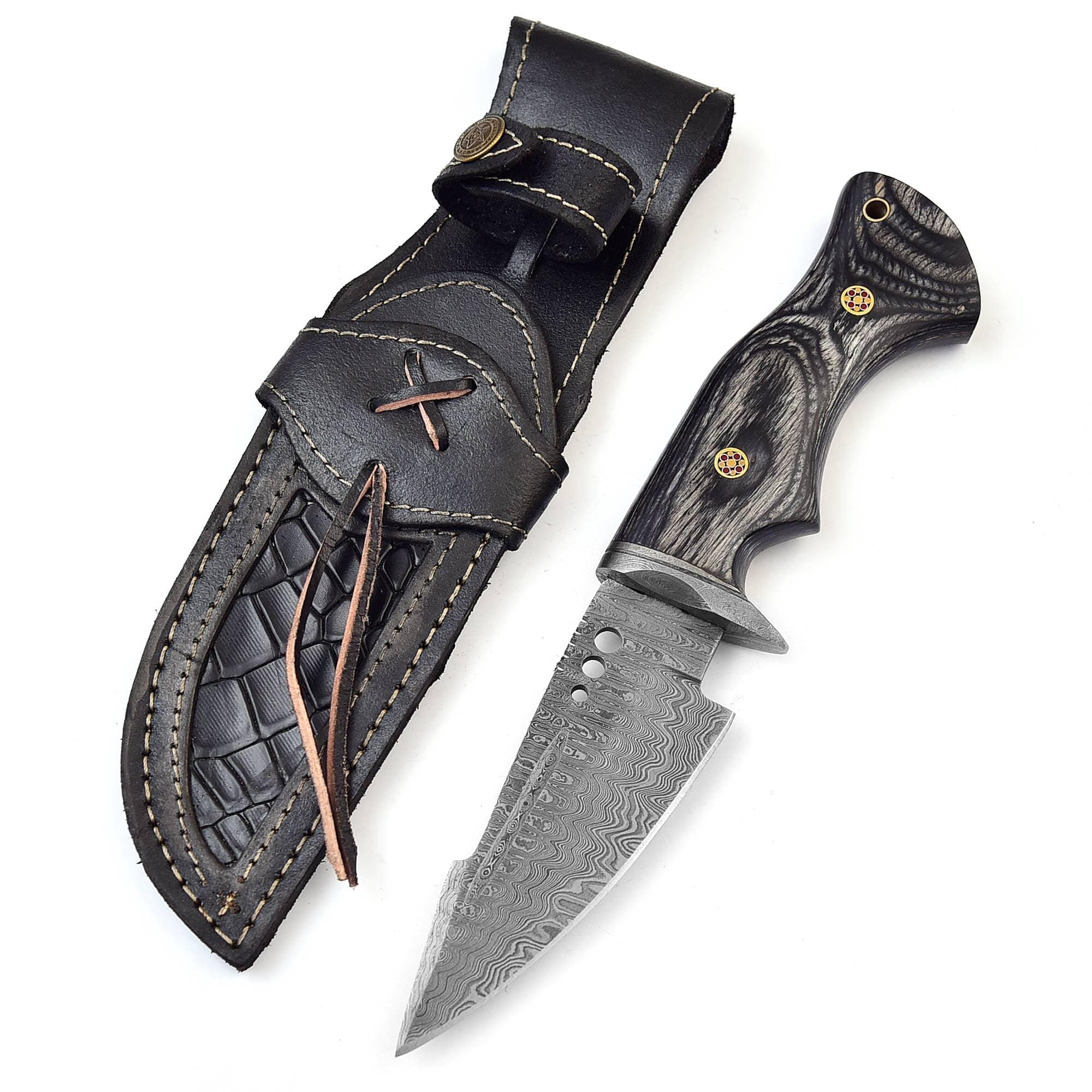 Handmade Damascus hunting knife with Leather sheath Belt Loop - Fixed blade Survival knives for men - Razor Sharp Damascus Steel knives with Ergonomic Black wood handle