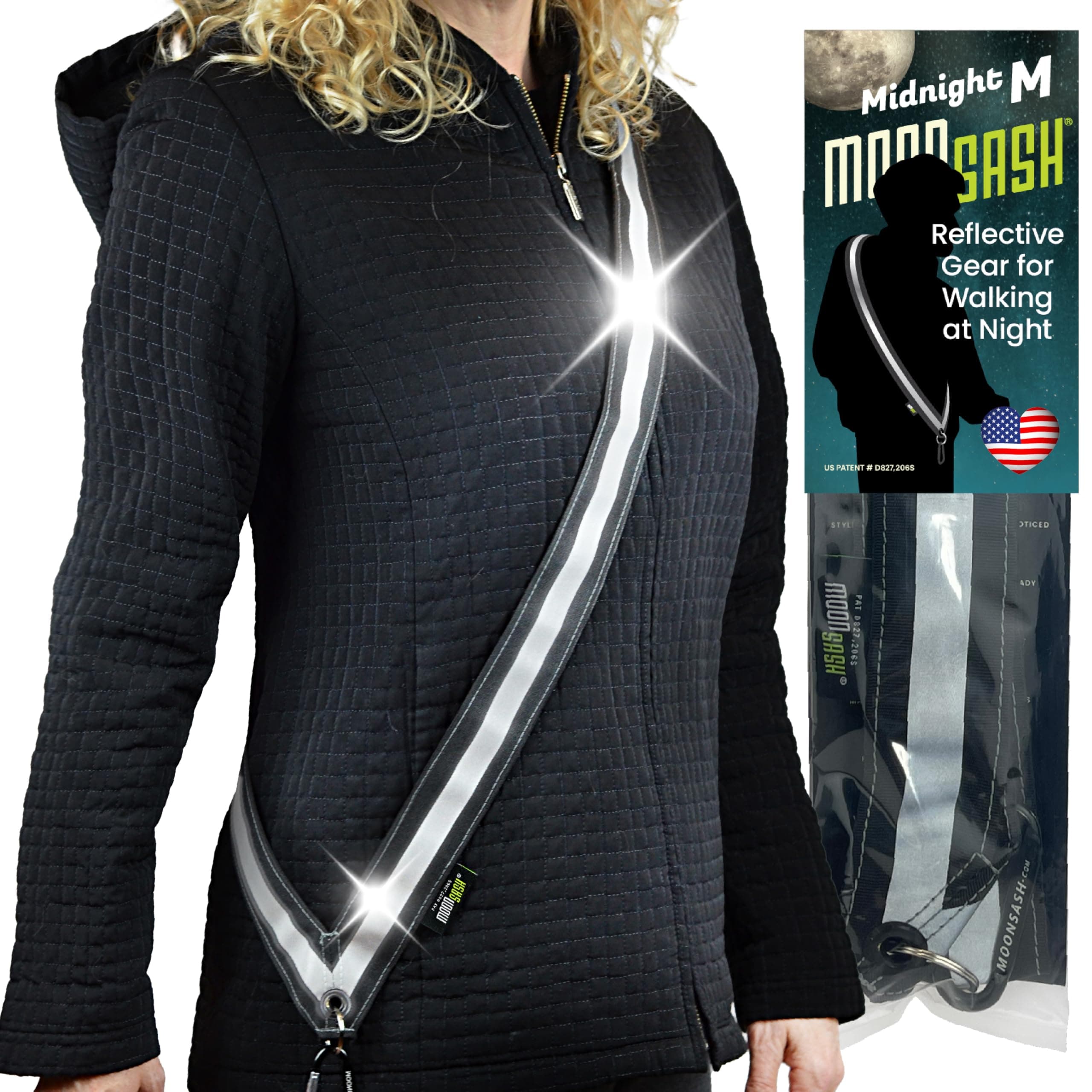 MOONSASH Fitted Reflective Gear for Walking at Night > 3 Sizes, 2 Colors > Dog Walking, Biking, Jogging... Reversible & Contoured > US Patented Reflective Sash > Replaces Reflective Vests for Walking