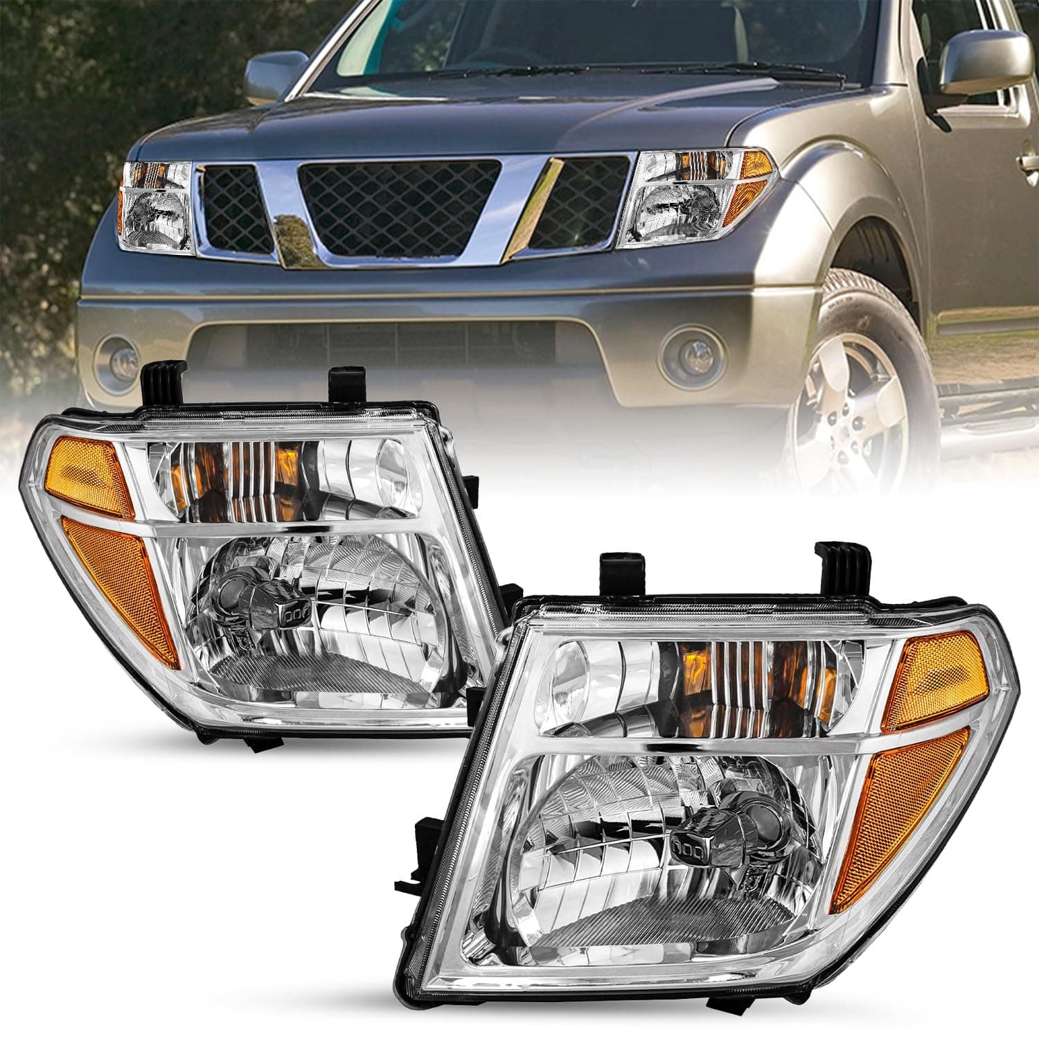 SOCKIR Headlight Assembly Fit for 2005-2008 Frontier / 2005-2007 Pathfinder Halogen Headlamp Chrome Housing Amber Reflector Pair Driver and Passenger Side