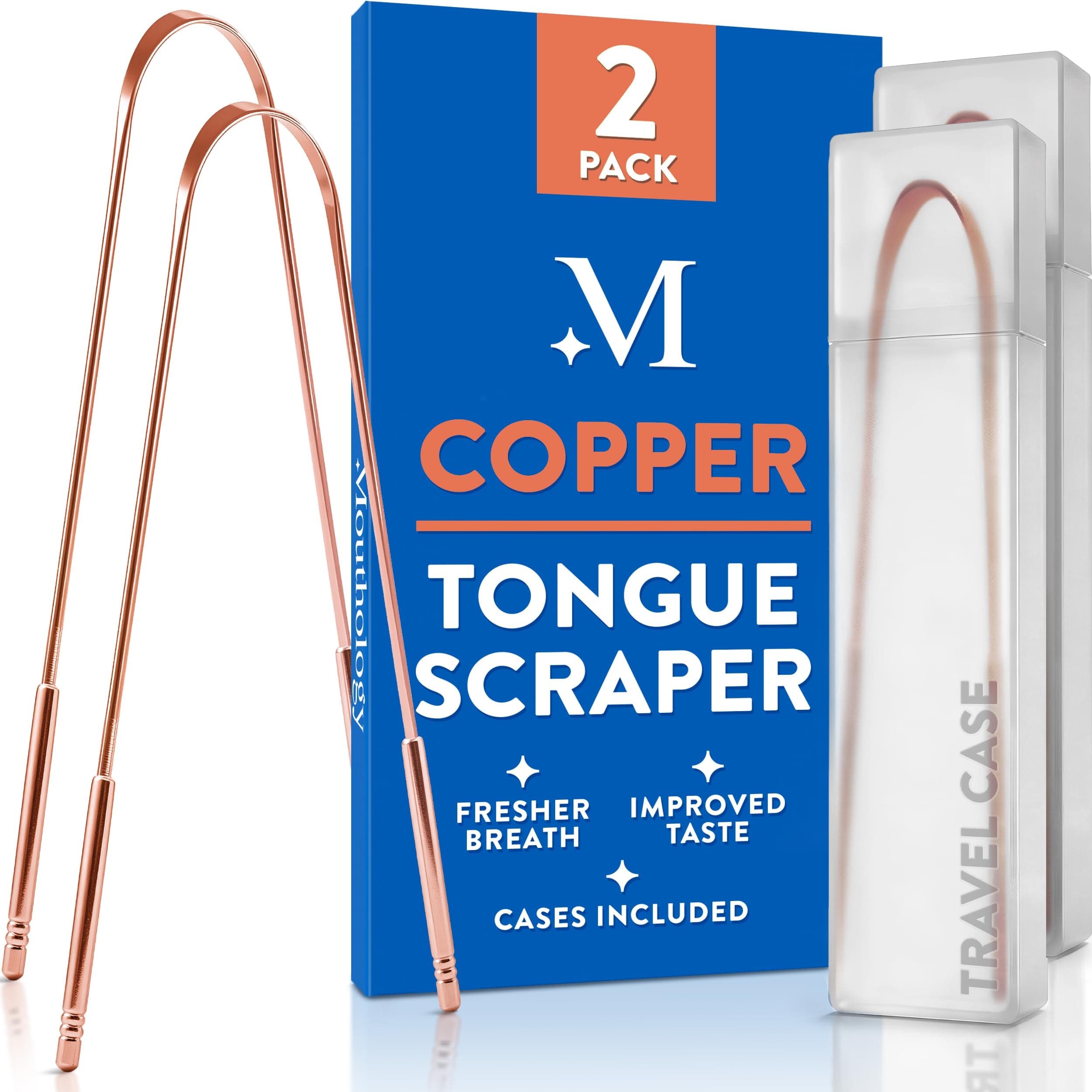 Mouthology Copper Tongue Scraper for Adults (2 Pack), Reduce Bad Breath, Metal Tongue Scraper, Tongue Cleaner, Tongue Scraper, Tongue Scrubber, Tongue Cleaner for Adults, Tongue Scraper Reusable