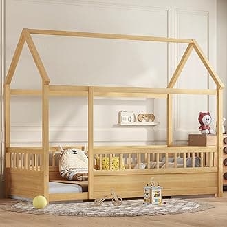 Twin Size House Bed with High Fence for Kids,Twin Floor Bed Frame, Kids Montessori Bed Twin Size,Solid Wood House Bed Frame for Boys,Girls,Natural