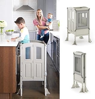 Kitchen Helper ® Toddler Tower by Guidecraft - Taupe: Kids' Wood, Foldable, Adjustable Height Platform | Safe Cooking Learning Step Stool for Toddlers