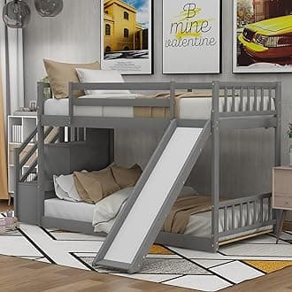 SOFTSEA Twin Over Twin Bunk Bed with Slide & Staircase, Wood Low Bunk Bed with Safety Guardrails & Storage, No Box Spring Needed, Gray